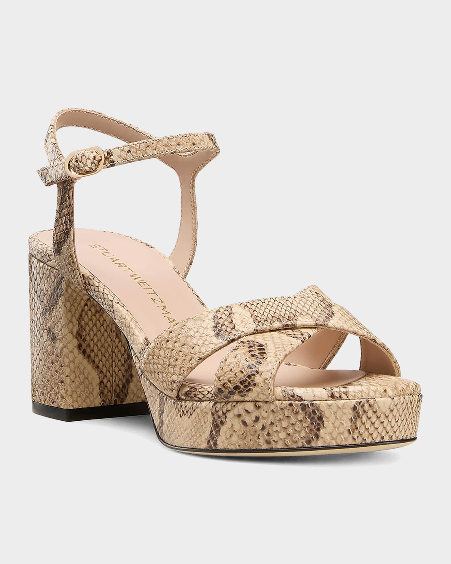 Stuart Weitzman 80mm Dayna Snake-Embossed Leather Platform Sandals