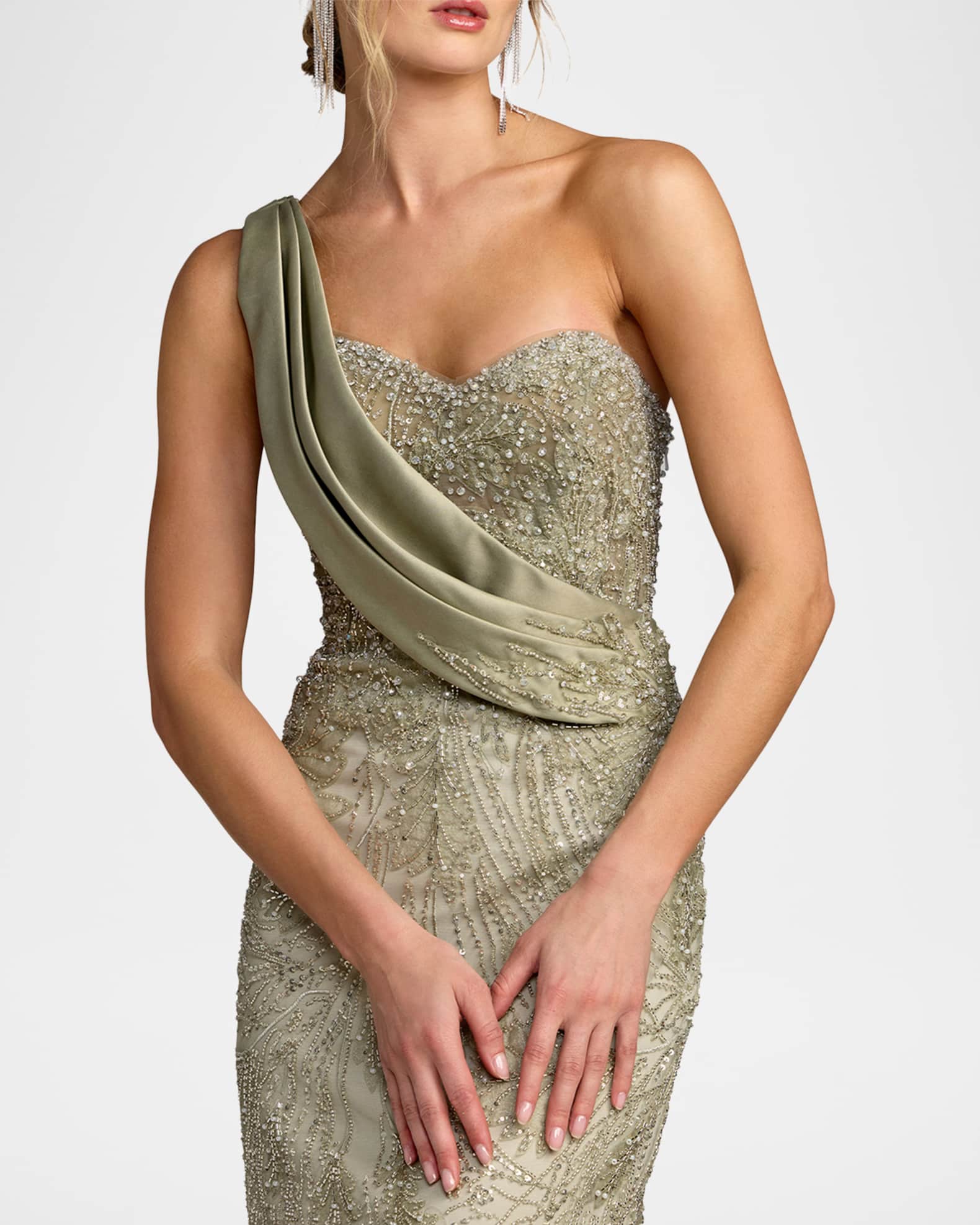 mac duggal gold one shoulder dress Mac Duggal - Gold Embellished Floral Detail One Shoulder Gown