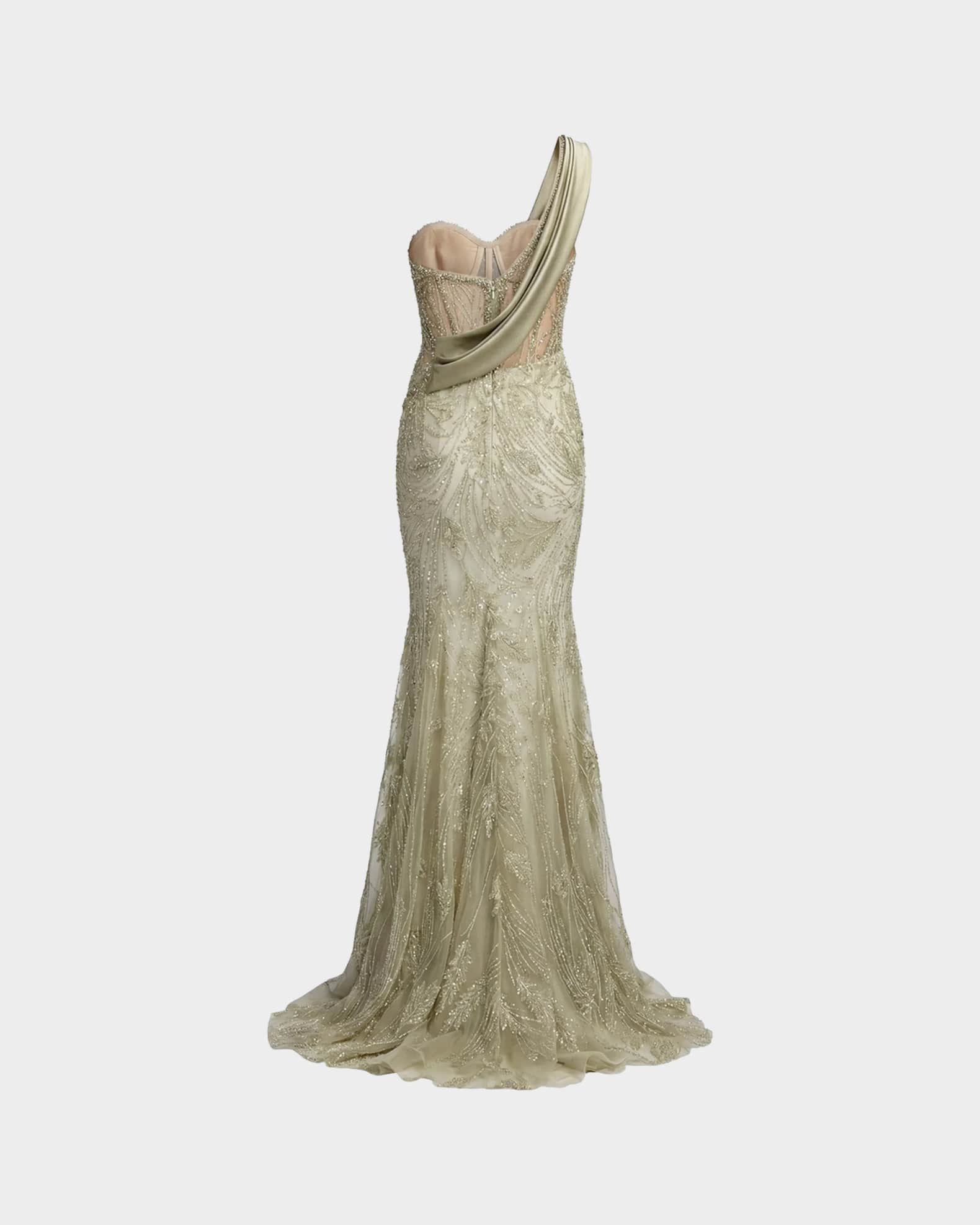 mac duggal gold one shoulder dress Gold One Shoulder Metallic Ball Gown