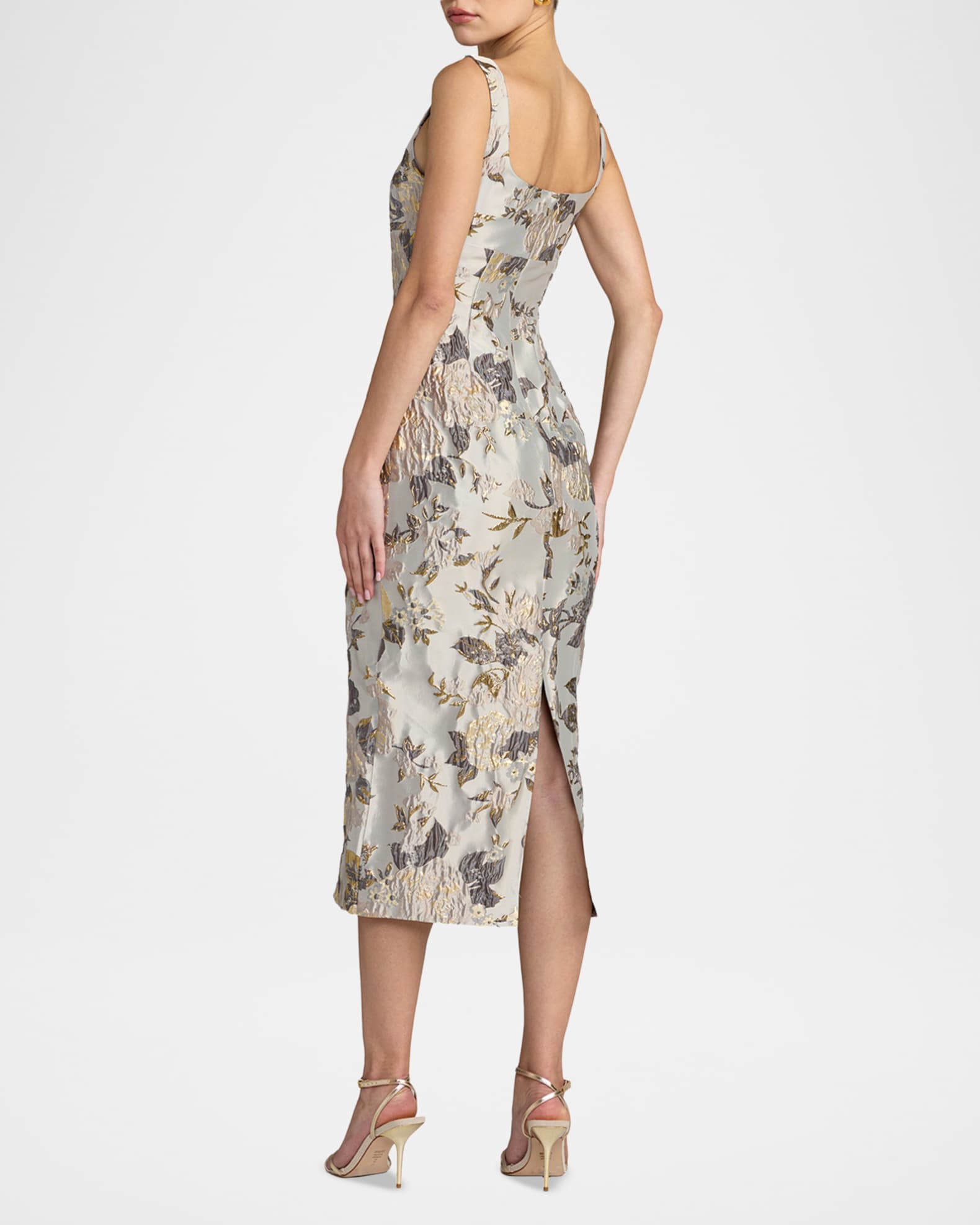 neiman marcus cocktail dress 1950s Silk Party Dress, Xsm Fit and flare silhouette knee Silver Floral Square Neck Midi