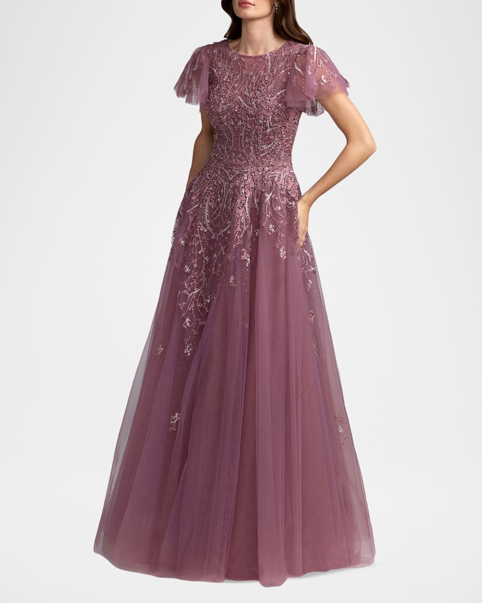 mac duggal flutter sleeve formal appliqu maxi dress Purple Embellished Evening Gown cap sleeves Mac Duggal 70275 Aqua Sequined