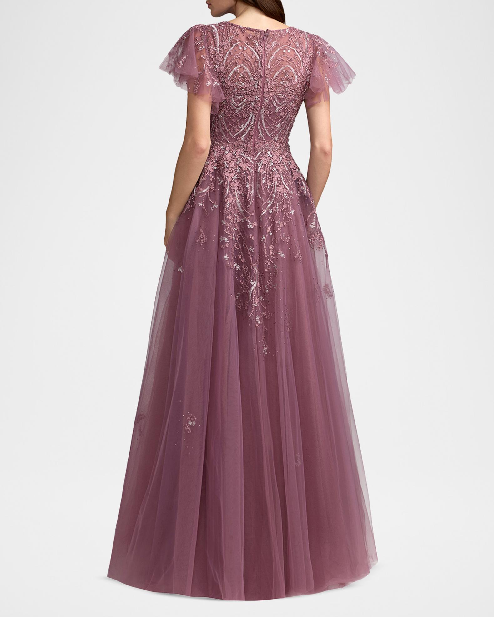 Mac Duggal Embroidered Tulle Flutter Sleeve Ballgown