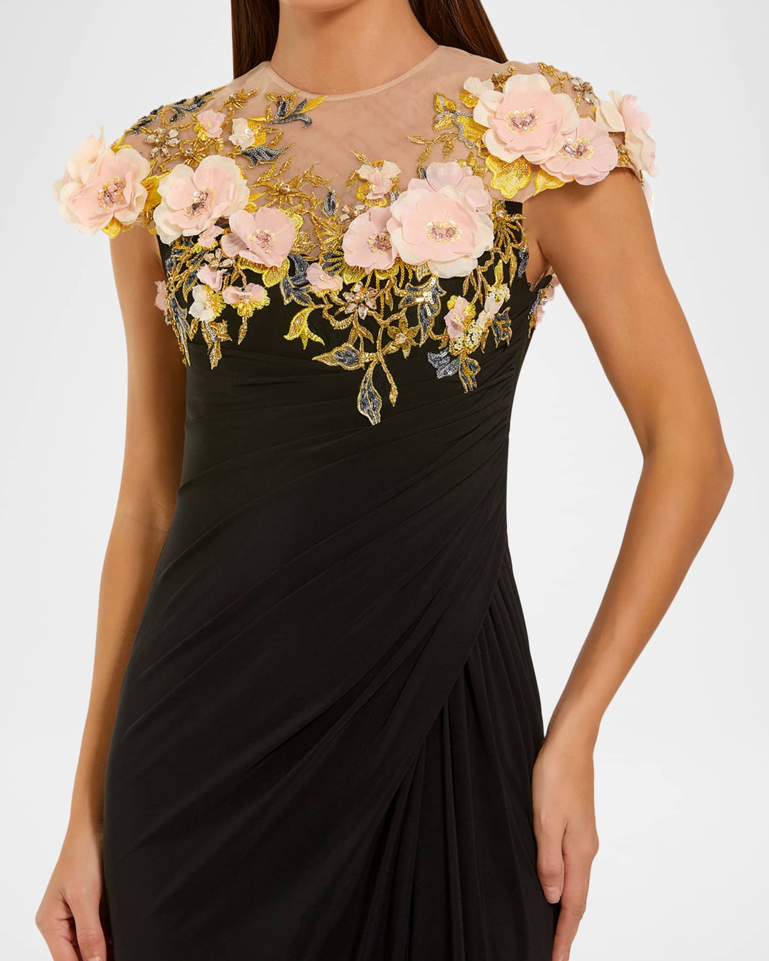 mac duggal black dress Long Sleeve Jersey Gown With Embellished Flower The back showcases a chic keyhole detail MAC DUGGAL Black High Neck
