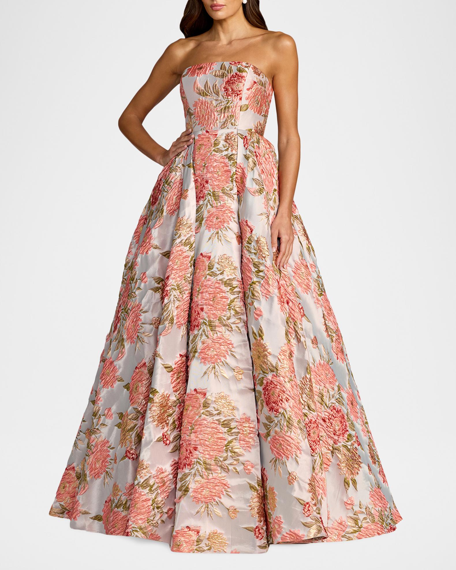 Mac Duggal - Pink Strapless Floral Brocade Ball Gown With Pockets