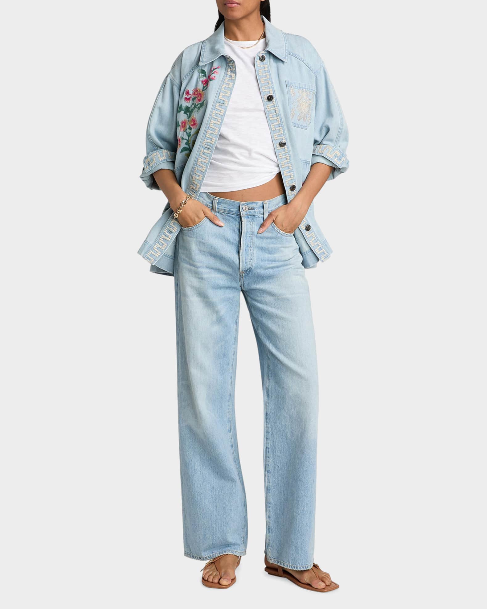 Johnny Was Oversized Floral-Embroidered Denim Jacket | Neiman Marcus