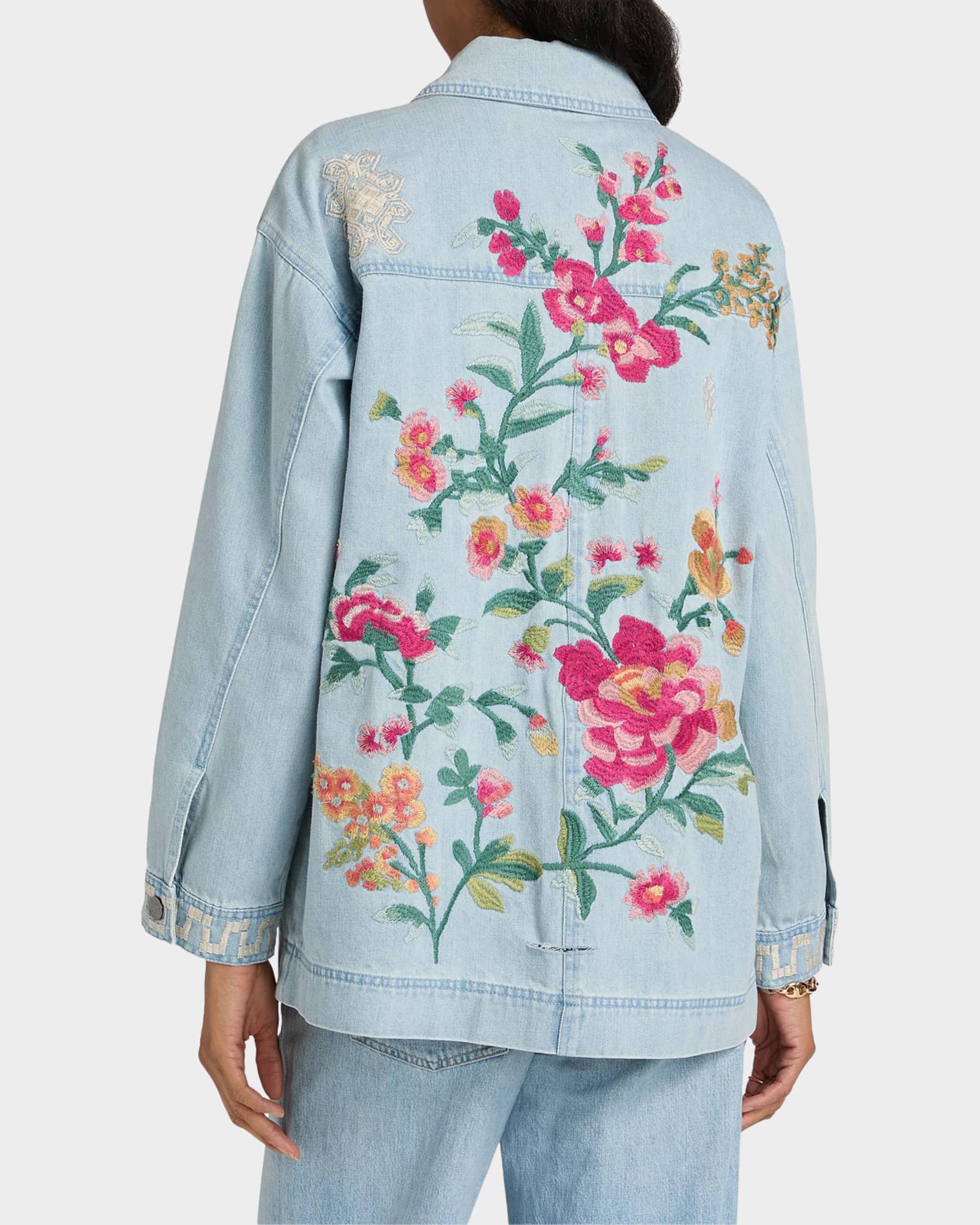 Johnny Was Oversized Floral-Embroidered Denim Jacket | Neiman Marcus