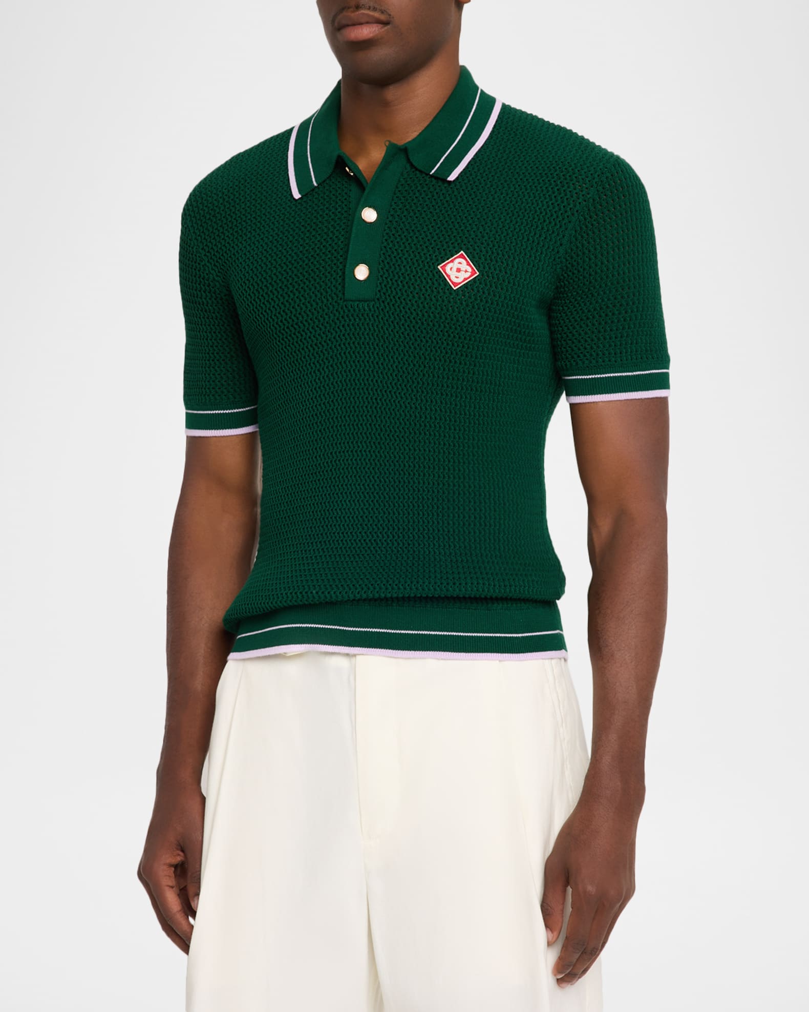 CASABLANCA Men's Ribbed-Trim Crochet Open-Knit Polo Shirt | Neiman