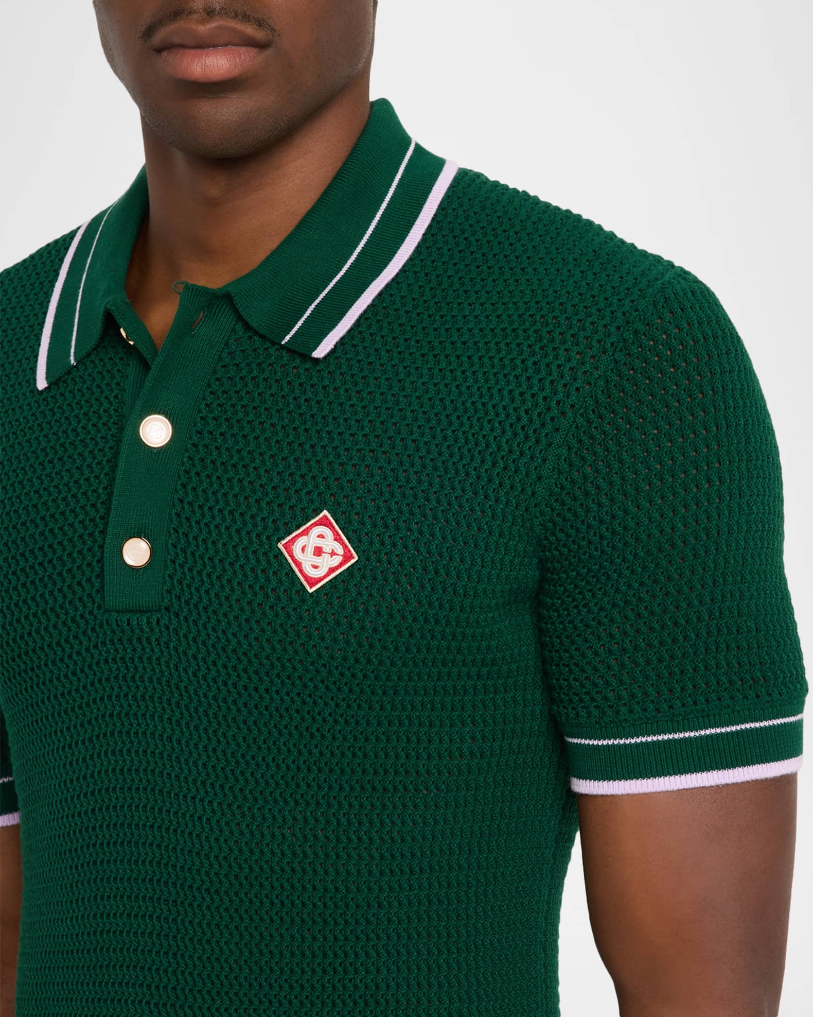 CASABLANCA Men's Ribbed-Trim Crochet Open-Knit Polo Shirt | Neiman