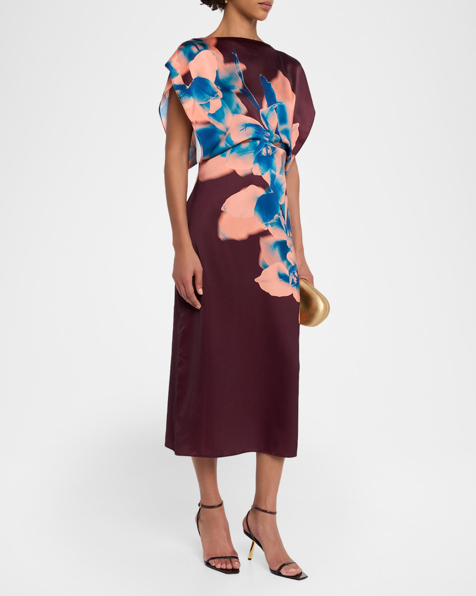 MISA Los Angeles Avri Floral Satin Midi Dress | Neiman Marcus