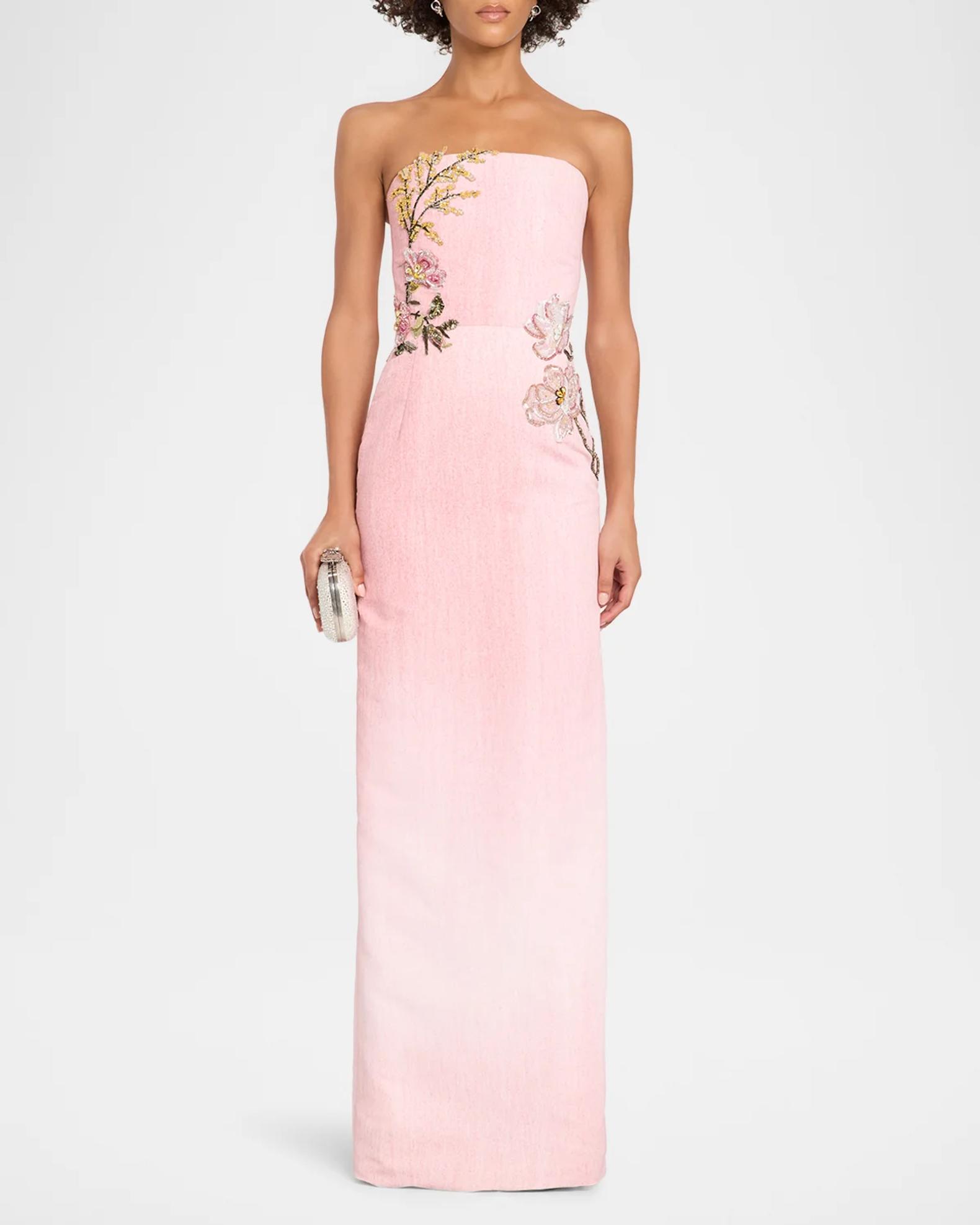 Strapless Beaded Flower Column Gown