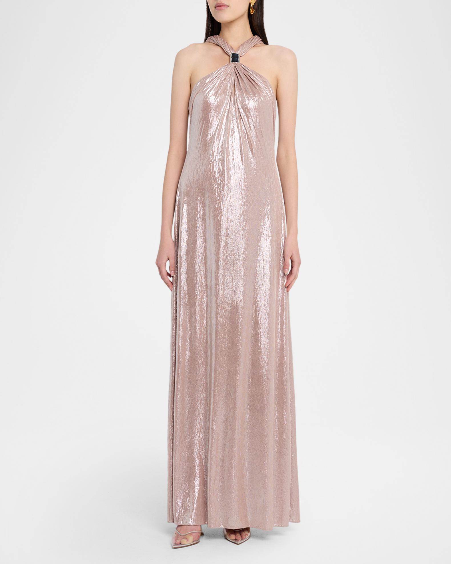 khaite sloan draped jersey dress Halston Sofie Metallic Halterneck Gown - Rose Gold Model measurements