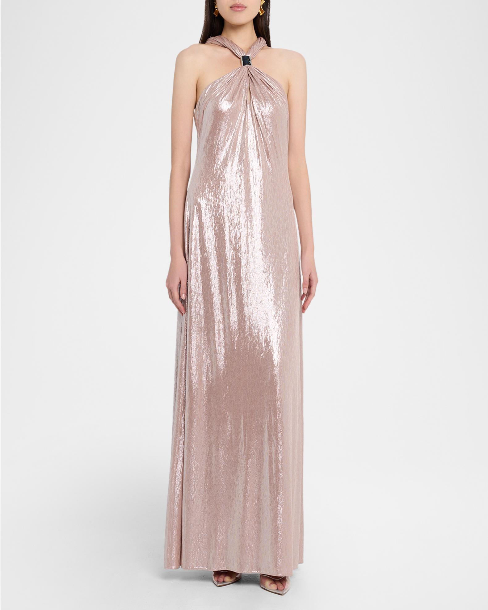 draped metallic jersey maxi dress Halston Sofie Halterneck Gown - Rose Gold modest turkish clothing