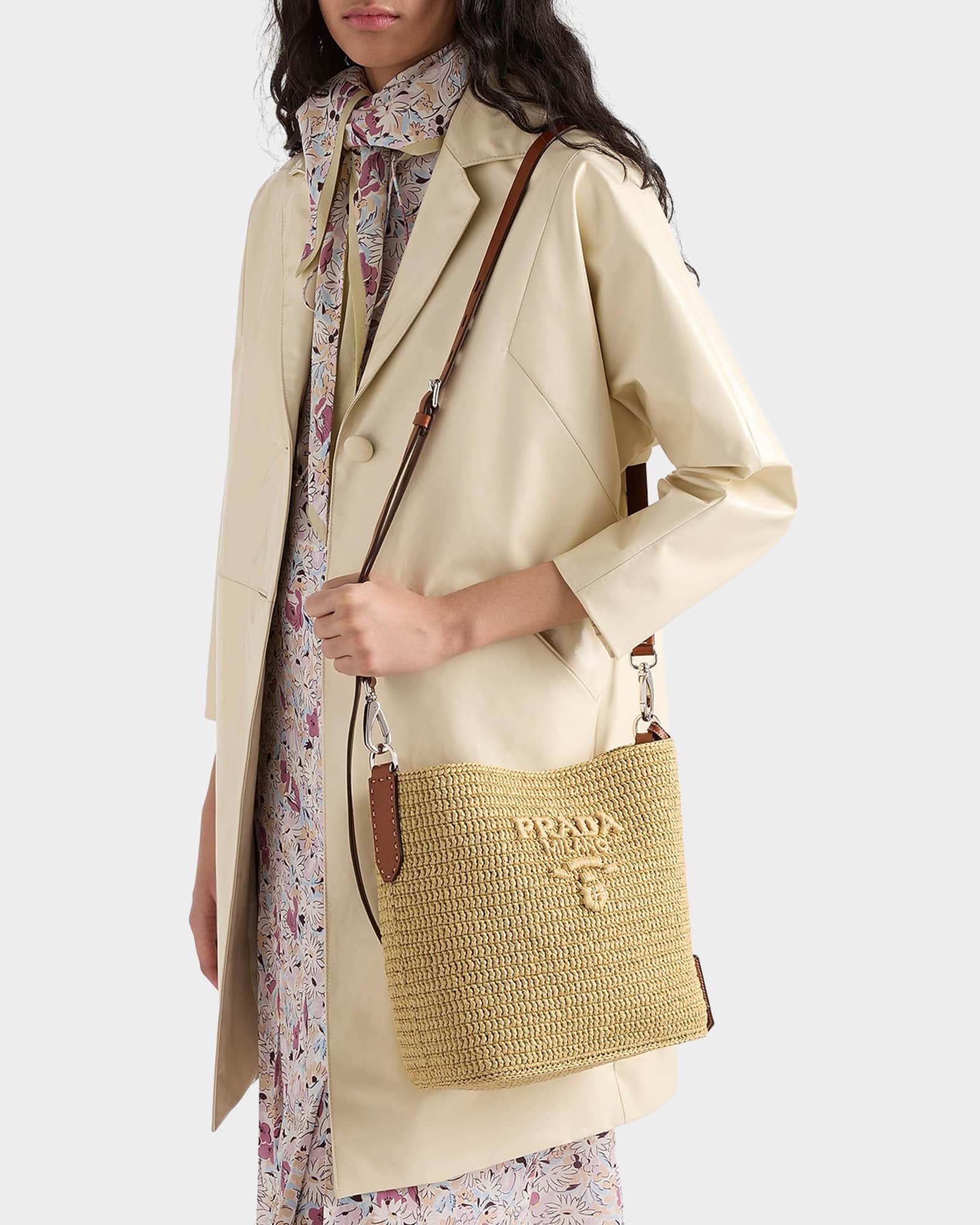 Prada Small Crochet and Leather Bucket Bag | Neiman Marcus