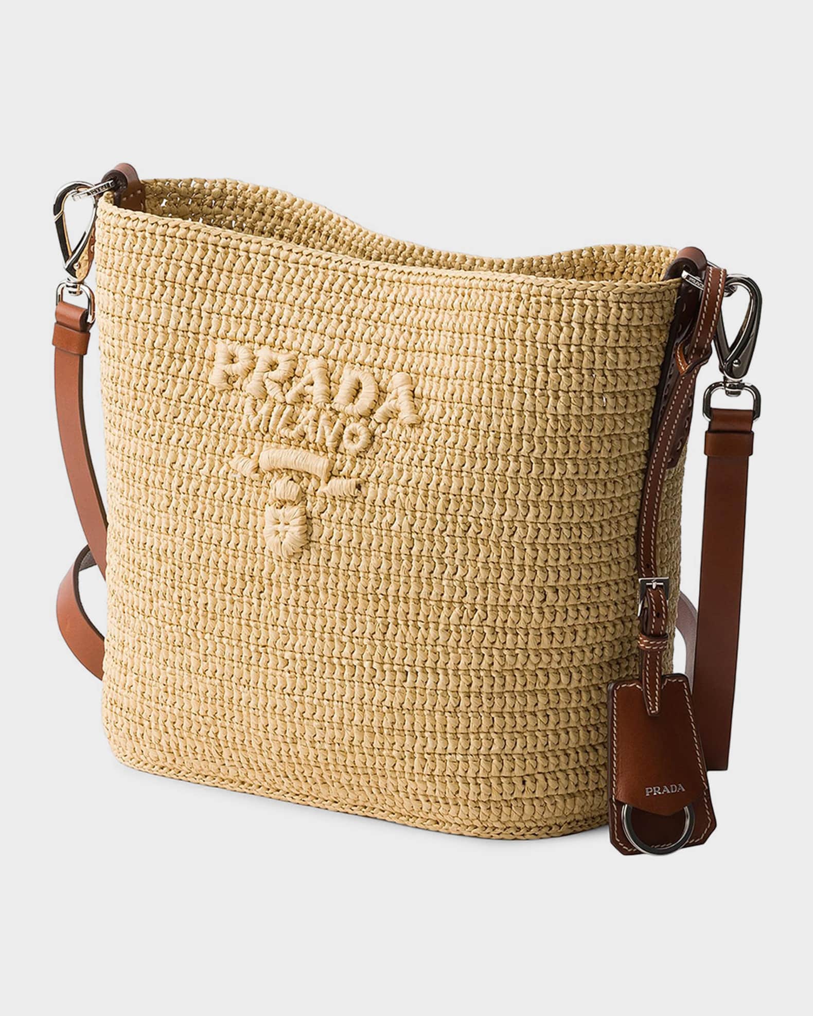 Prada Small Crochet and Leather Bucket Bag | Neiman Marcus