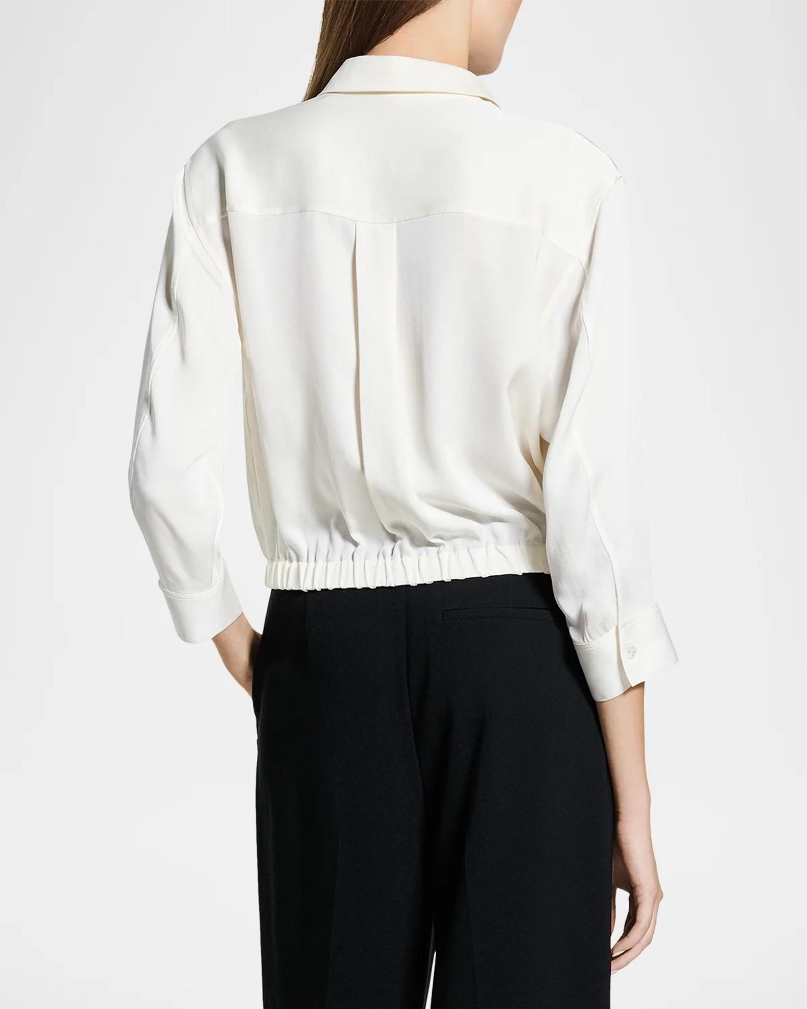 Scrunched-Sleeve Cropped Button-Front Silk Shirt | Neiman Marcus