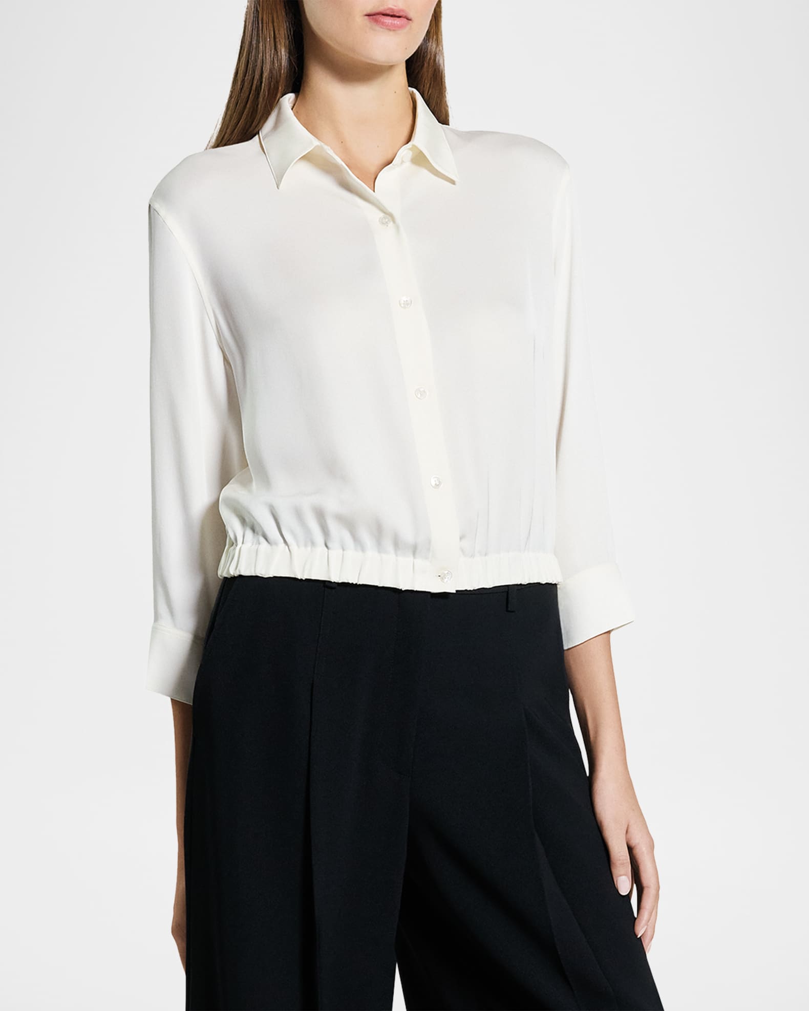 Theory Scrunched-Sleeve Cropped Button-Front Silk Shirt | Neiman