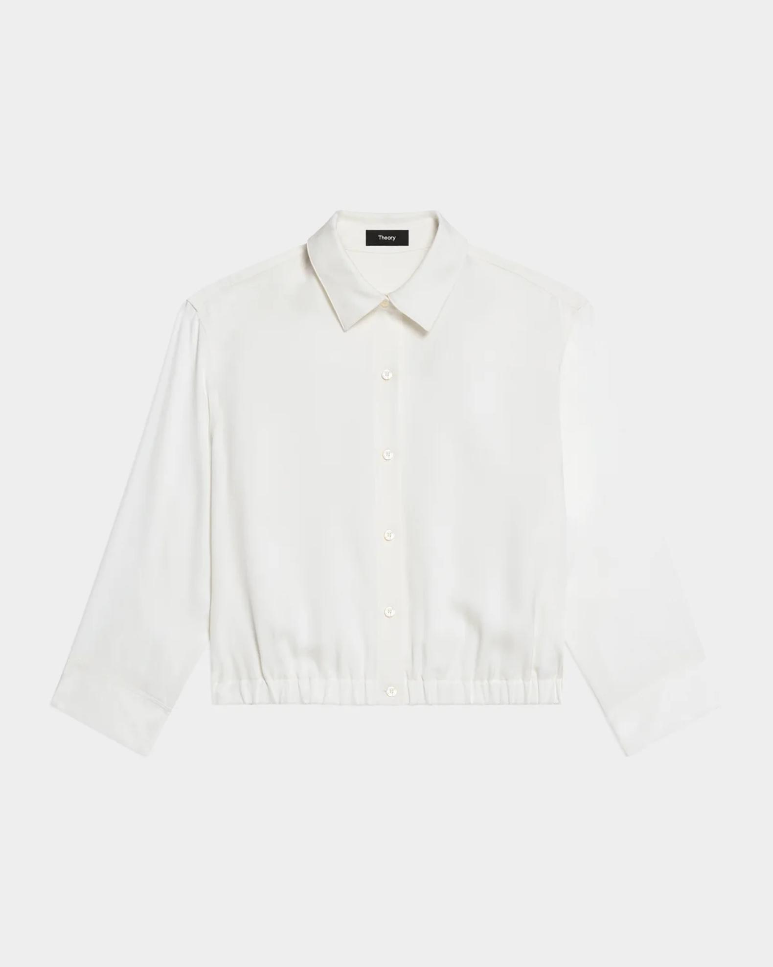 Scrunched-Sleeve Cropped Button-Front Silk Shirt | Neiman Marcus