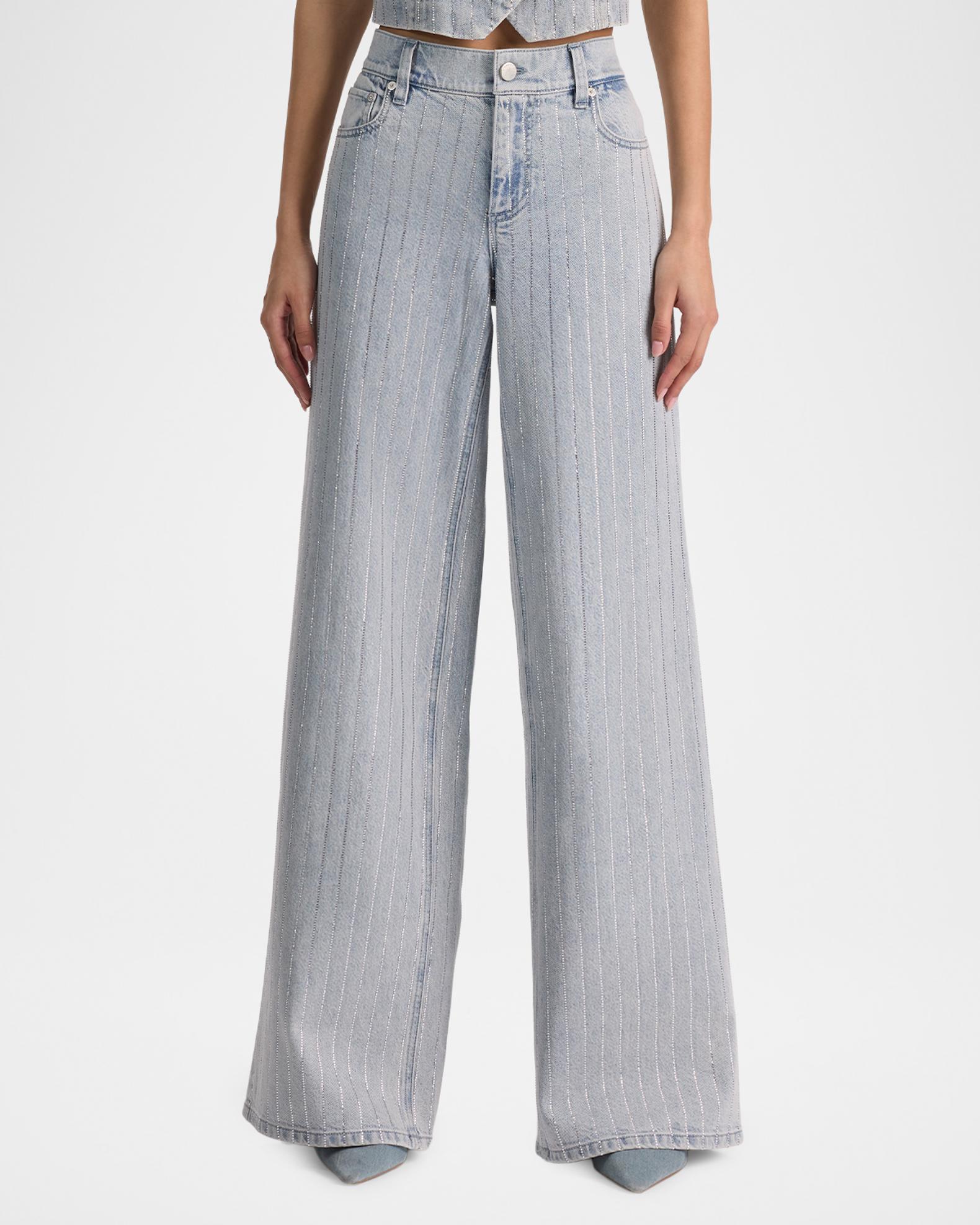 ALICE + OLIVIA Amazing Embellished Pinstriped Wide-Leg Jeans
