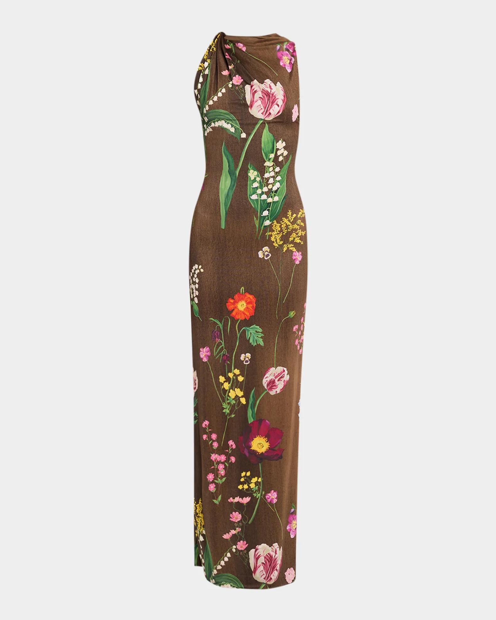 jersey column dress Oscar de la Renta Mixed Botanical Day - Brown Multi related:lestari-dress-black