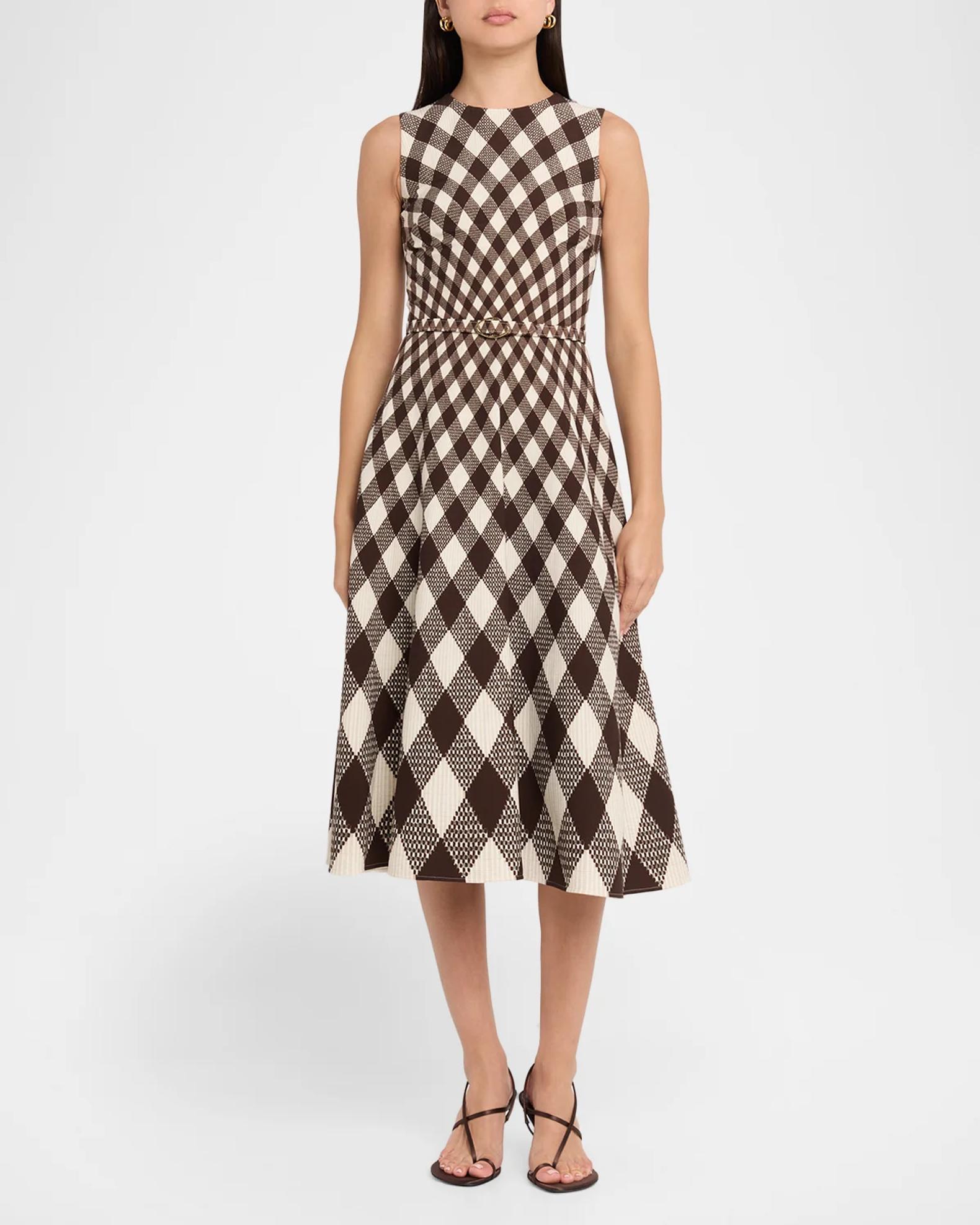 Oscar de la Renta Sleeveless Argyle Wool Belted Midi Dress