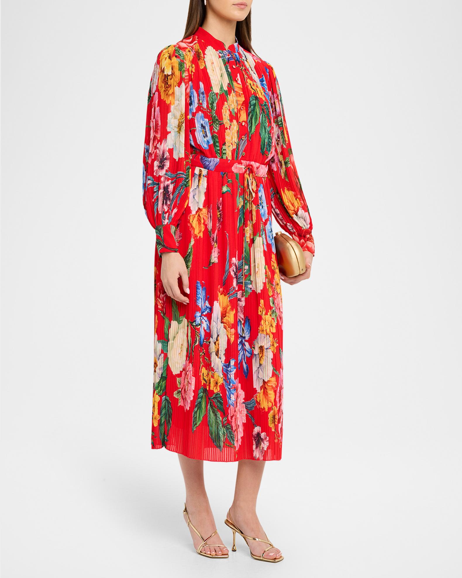 tahari midi dress The Almada Pleated Floral-Print Midi Dress