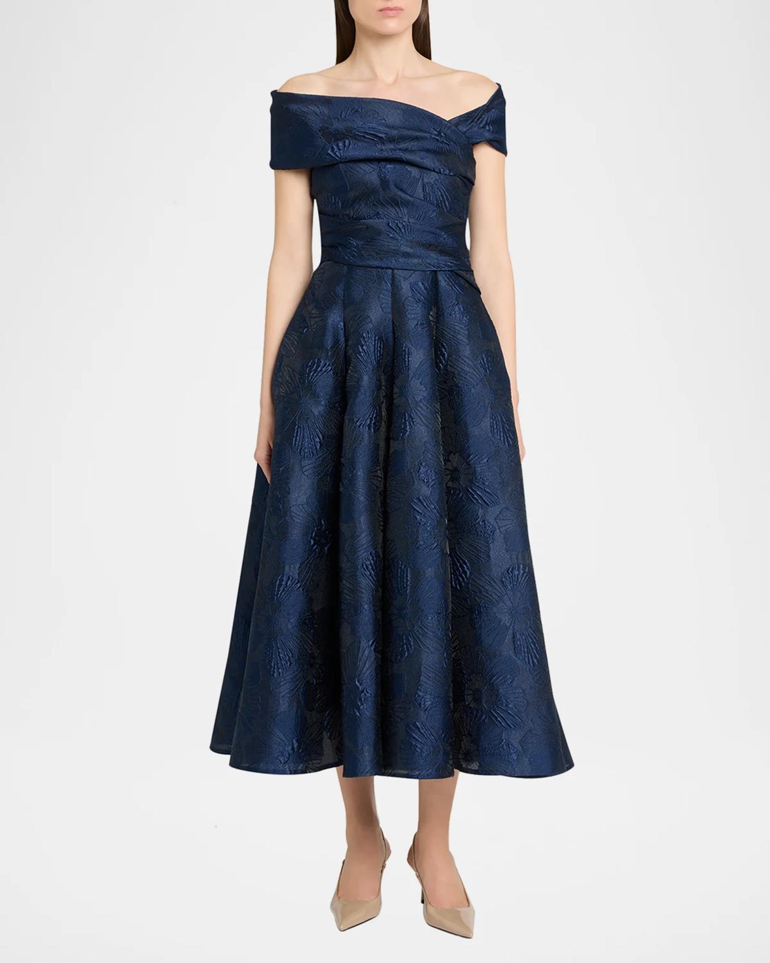 Talbot Runhof Off-Shoulder Jacquard Dress with Pockets | Neiman Marcus