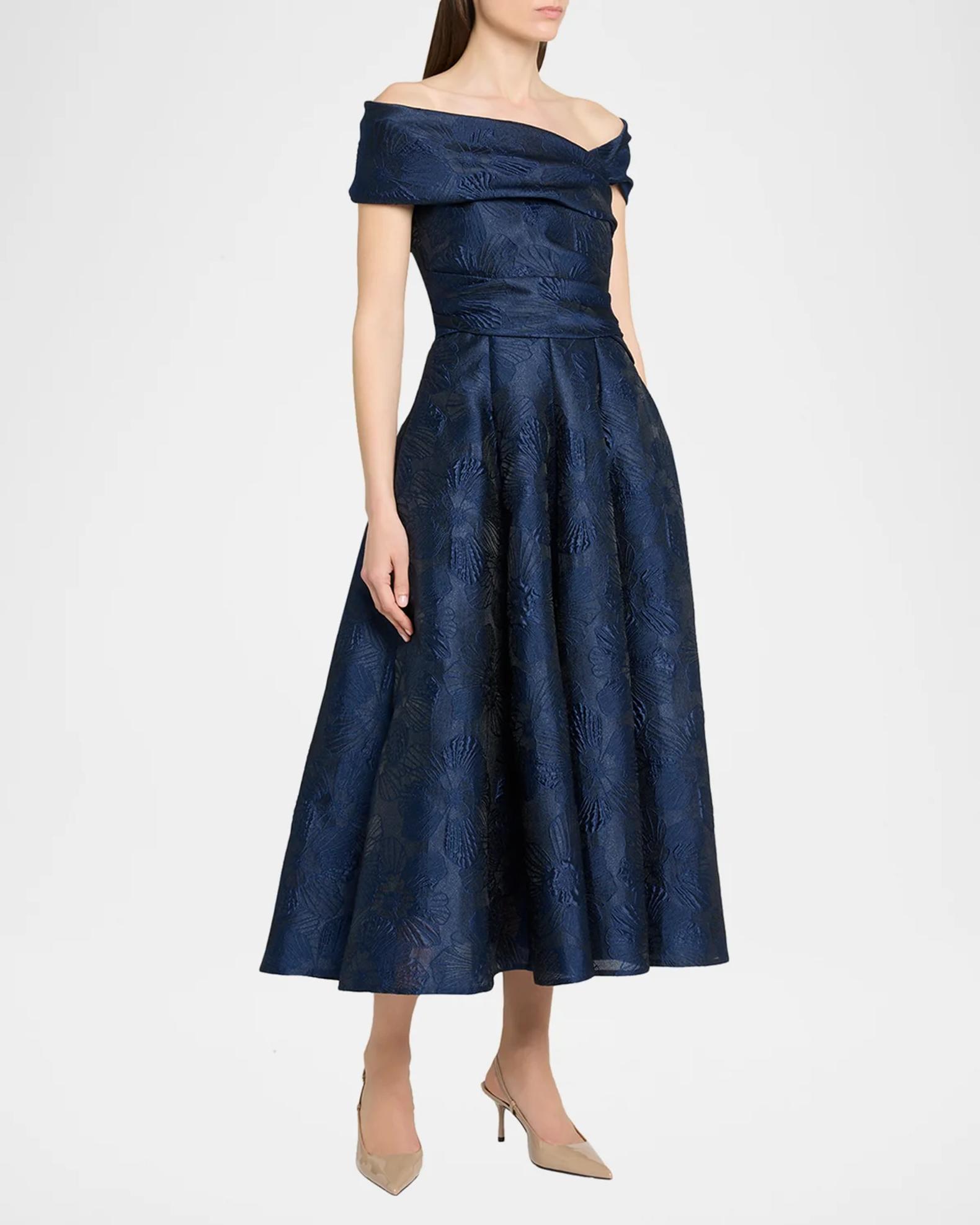 Talbot Runhof Off-Shoulder Jacquard Dress with Pockets | Neiman Marcus