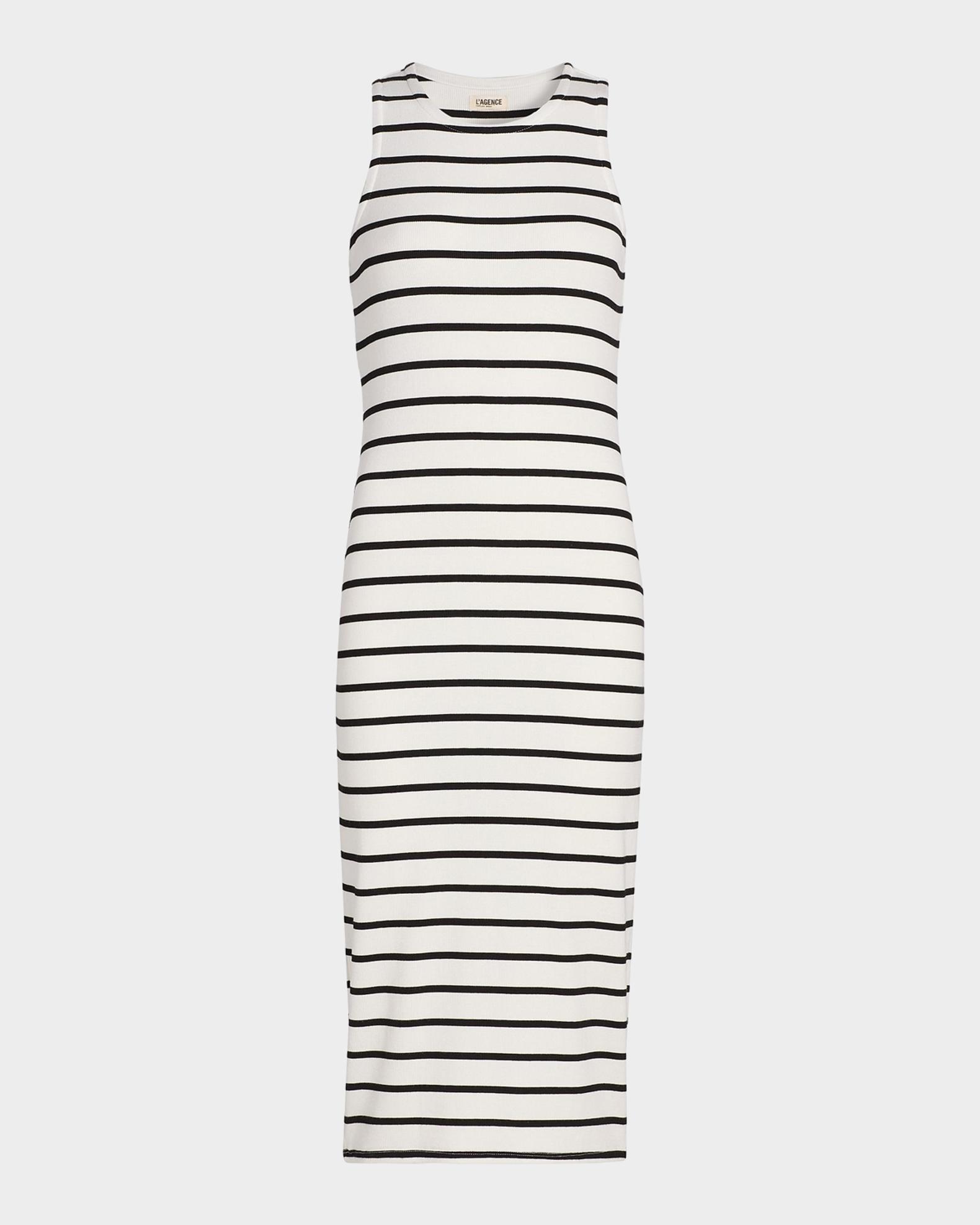 L'AGENCE Nura Racerback Midi Dress In Ivory/Black Stripe