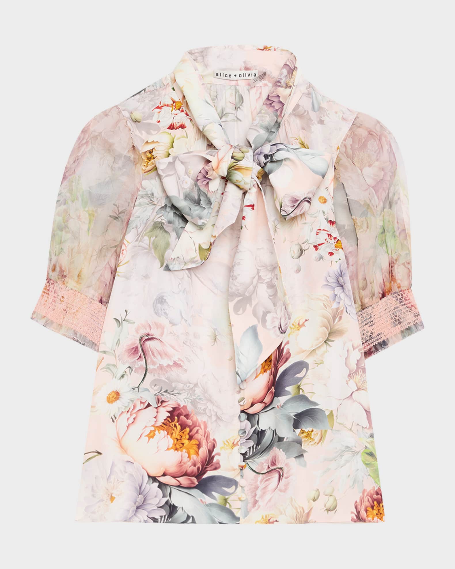 ALICE + OLIVIA Brentley Floral Tie-Neck Blouse | Neiman Marcus