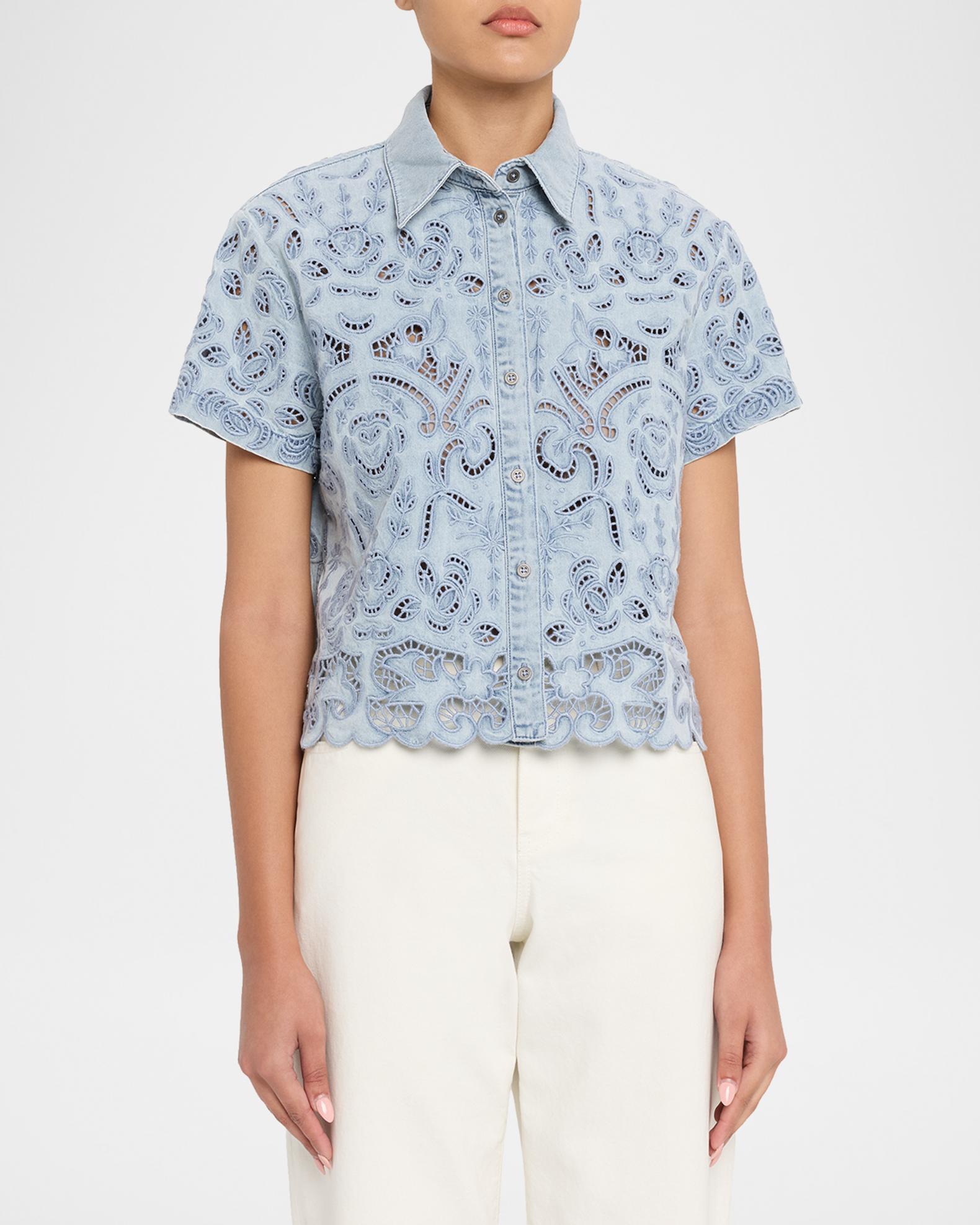 ALICE + OLIVIA Lane Embroidered Denim Button-Front Shirt | Neiman