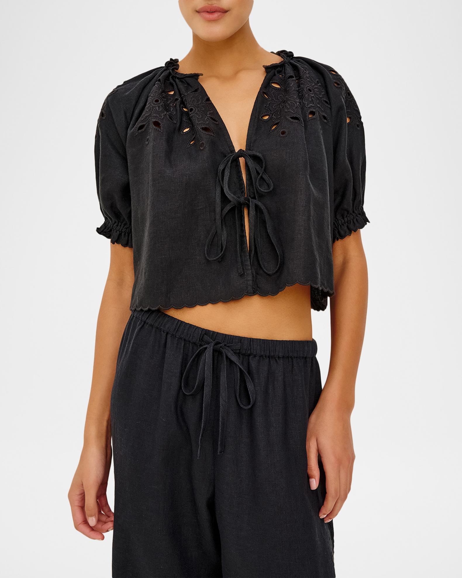 Rails Lizbeth Embroidered Tie-Front Linen Blouse | Neiman Marcus