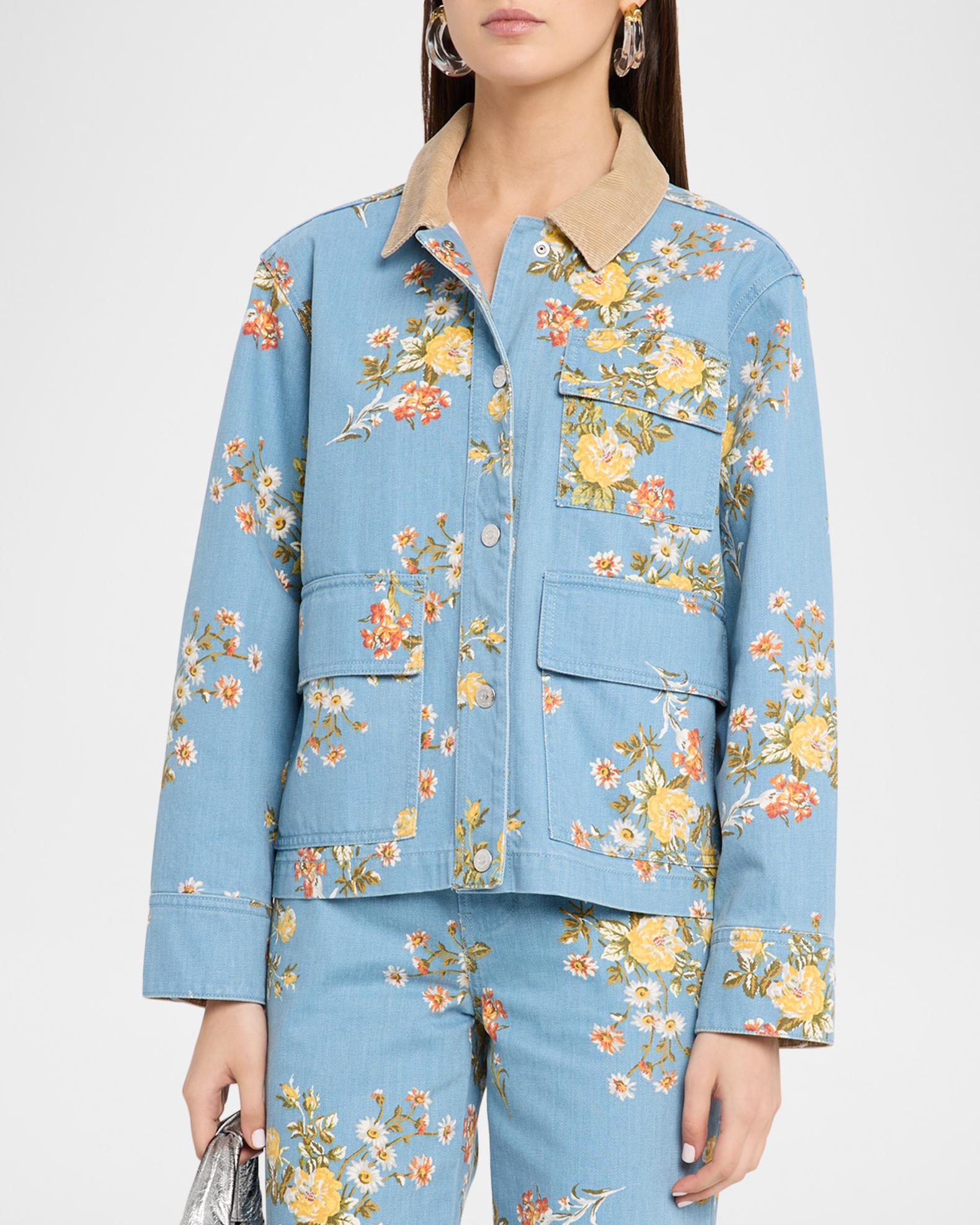 【VINTAGE☆刺繍ベルベットジャケット】ベロア☆別珍☆花柄☆藍色　レXL Veronica Beard Leighton Floral Denim Barn Jacket | Neiman Marcus