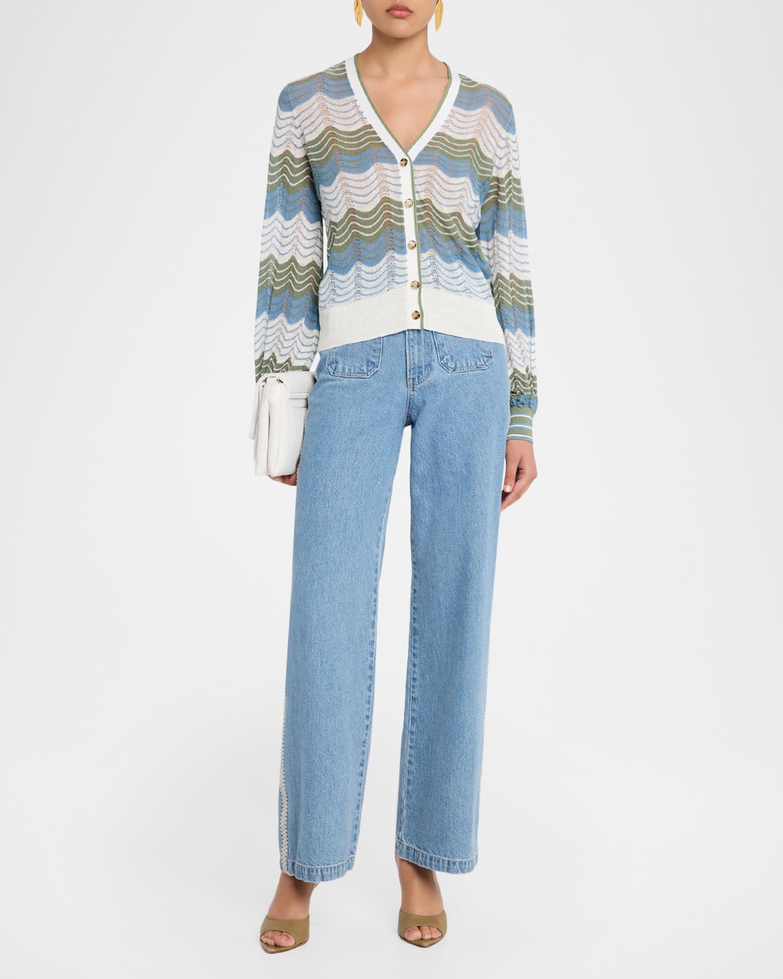 Veronica Beard Laurinor Wavy Pointelle Knit V-Neck Cardigan