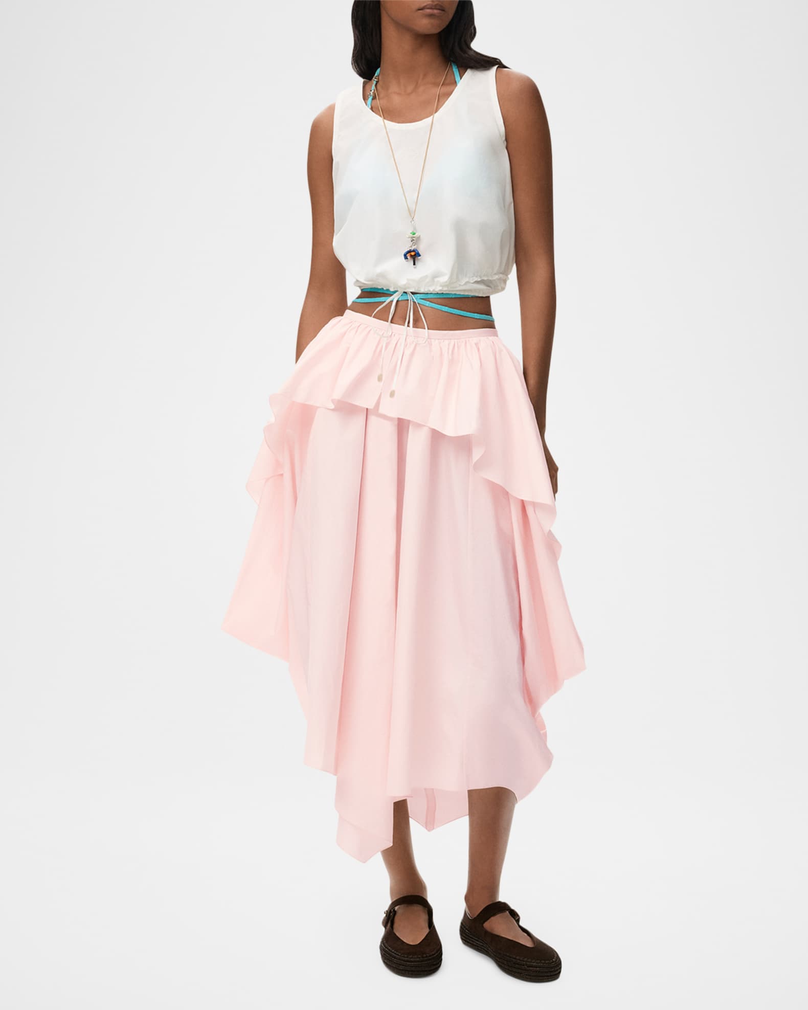 Loewe x Paula's Ibiza Layered Ruffle Cotton Midi Skirt | Neiman Marcus