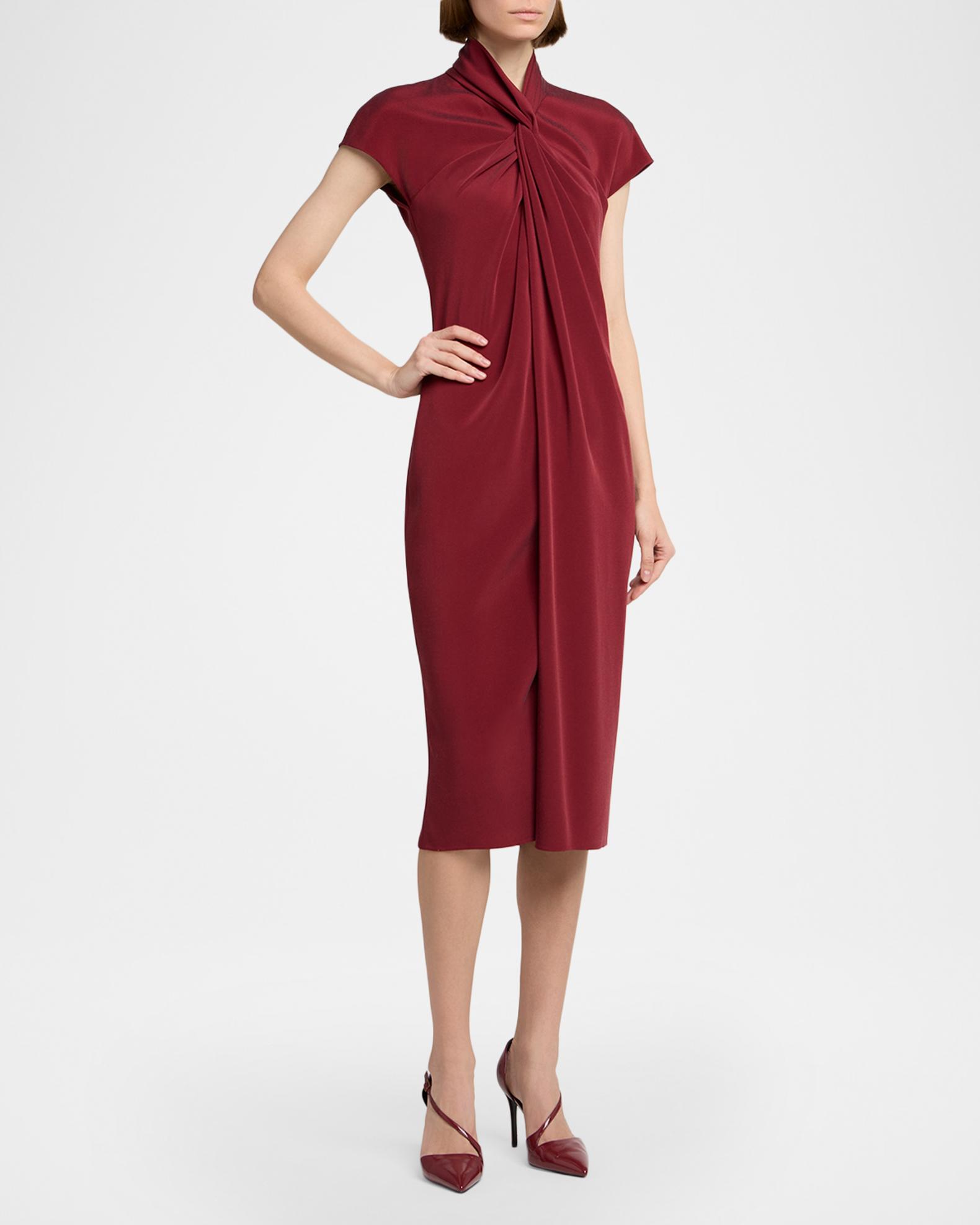 Giorgio Armani Draped Twisted-Collar Short-Sleeve Midi Dress
