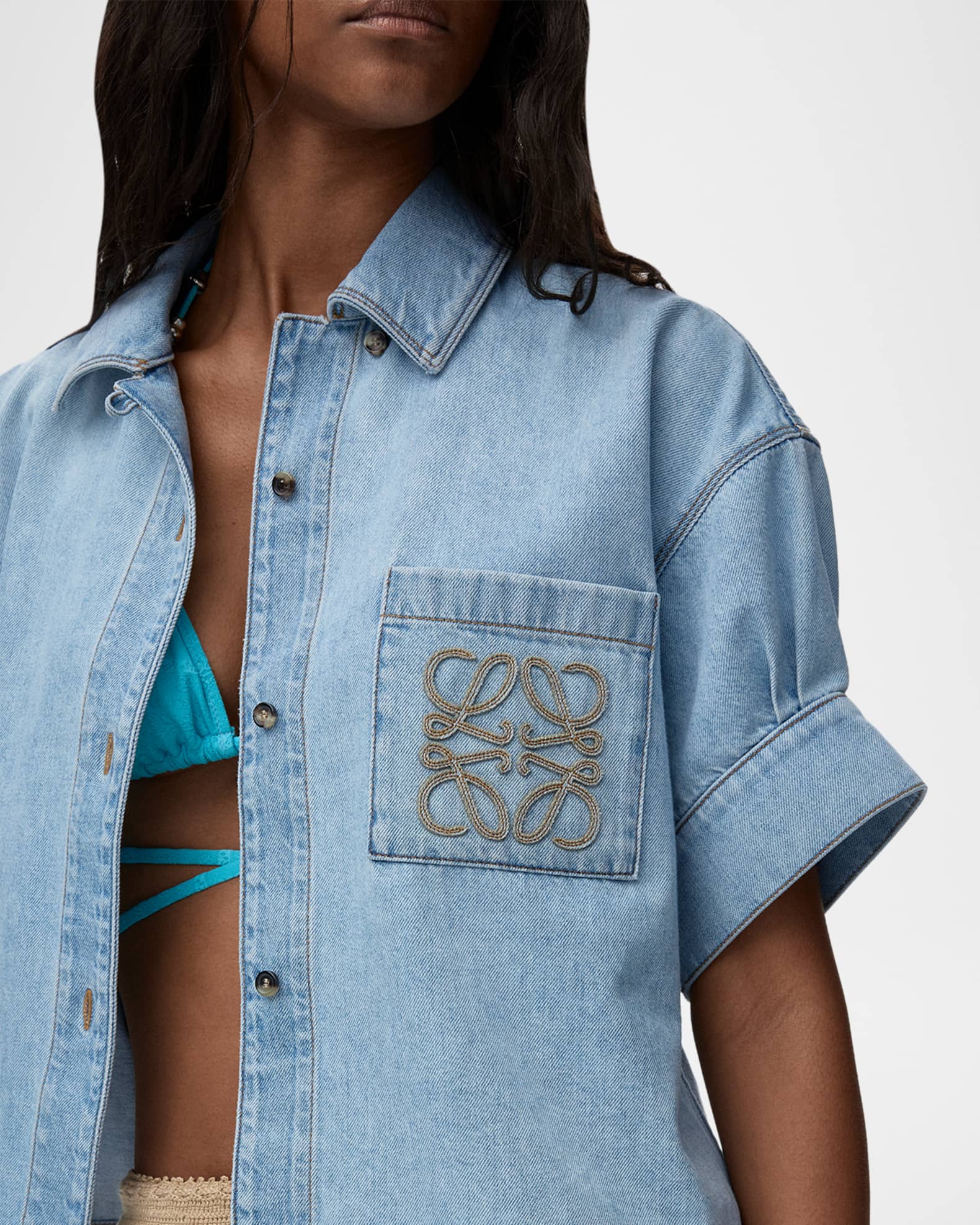 Loewe x Paula's Ibiza Denim Short-Sleeve Boxy Shirt | Neiman Marcus