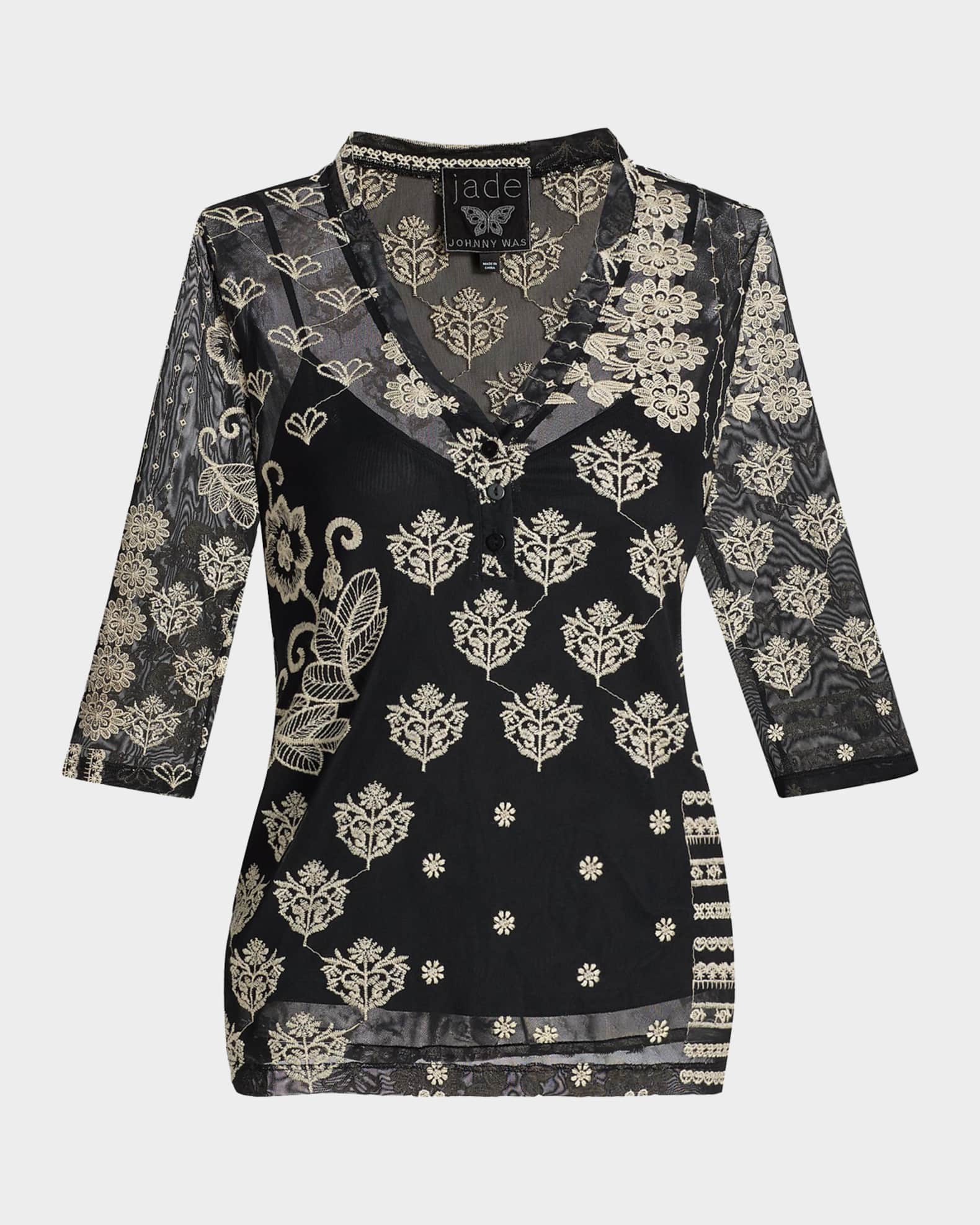Johnny Was Wilma Floral-Embroidered Mesh Top | Neiman Marcus