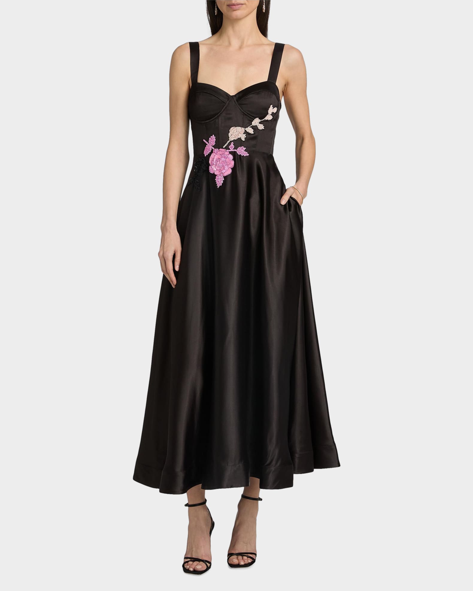 As It May Satin Embroidered Floral Cocktail Dress | Neiman Marcus