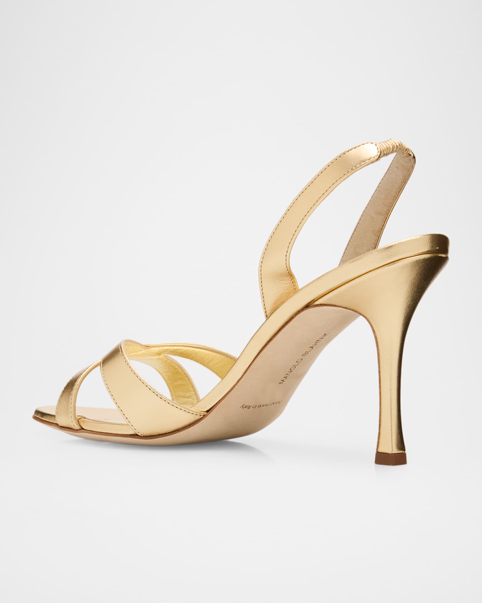 Manolo Blahnik 90mm Callasi Metallic Leather Slingback Sandals