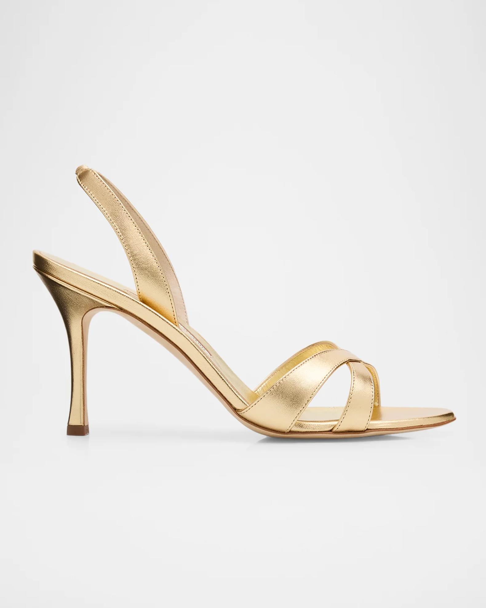 Manolo Blahnik 90mm Callasi Metallic Leather Slingback Sandals
