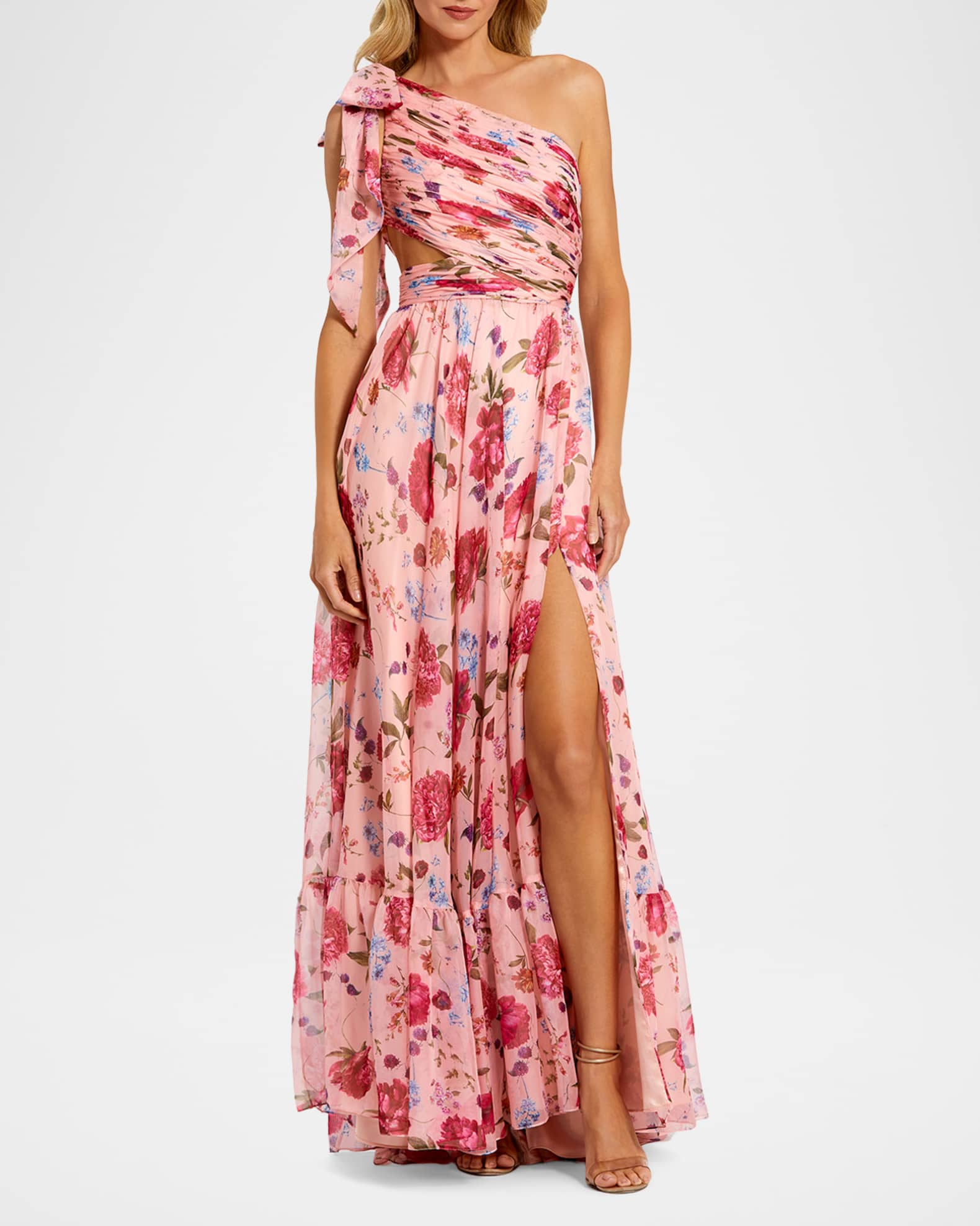 Mac Duggal Floral Chiffon Tied One-Shoulder Gown | Neiman Marcus