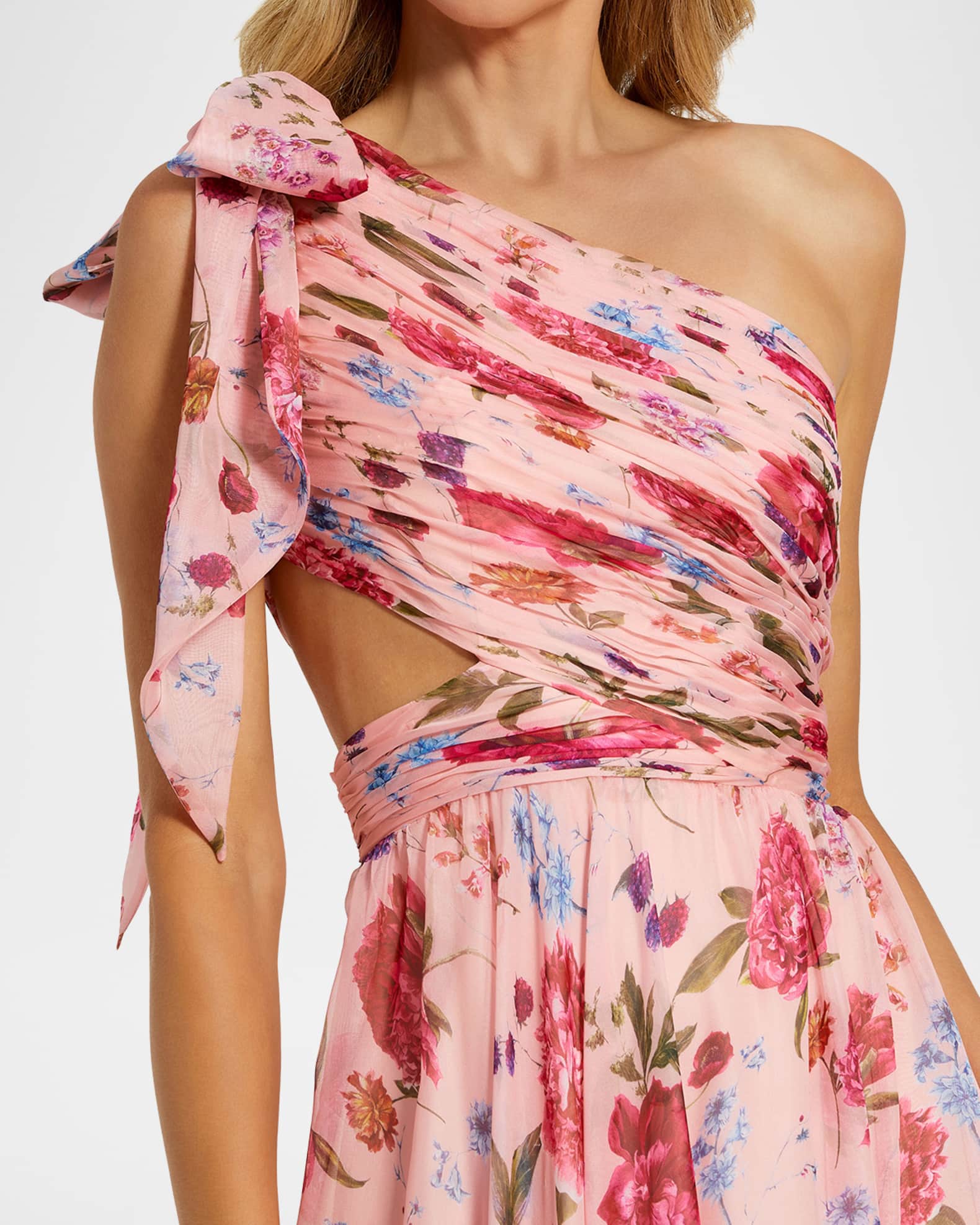 Mac Duggal Floral Chiffon Tied One-Shoulder Gown | Neiman Marcus