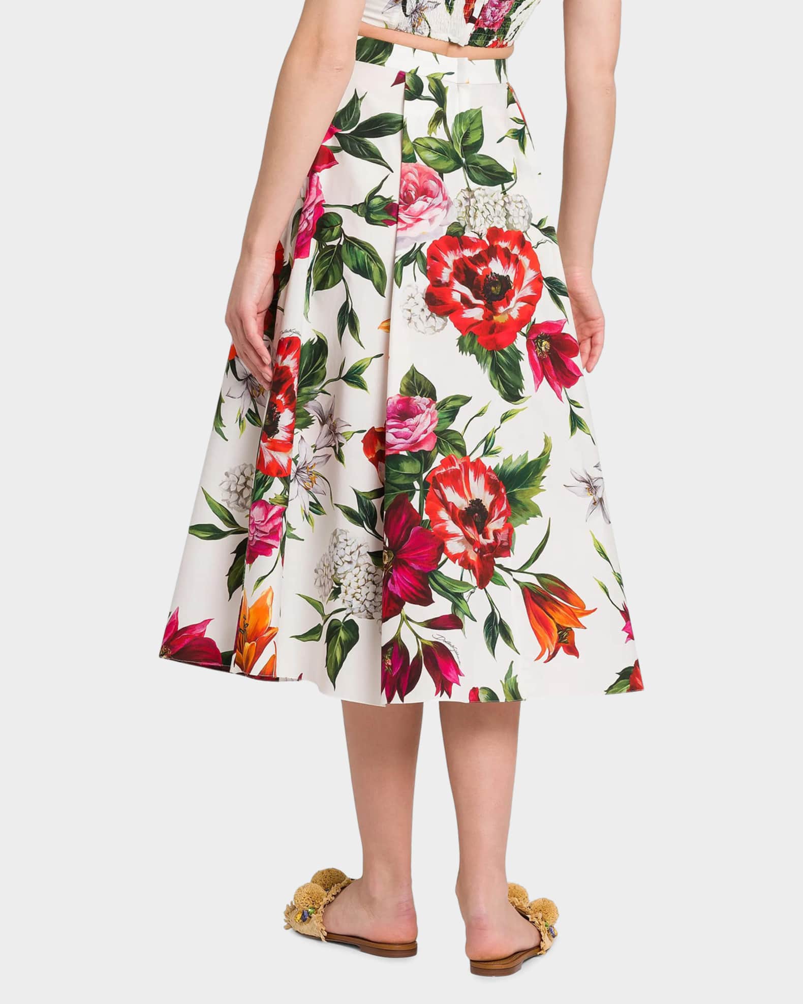DOLCE&GABBANA フローラル ボタニカル ミディタイトスカート 40 Dolce&Gabbana Rafia Fiori Floral Pleated Cotton Poplin Midi-Skirt