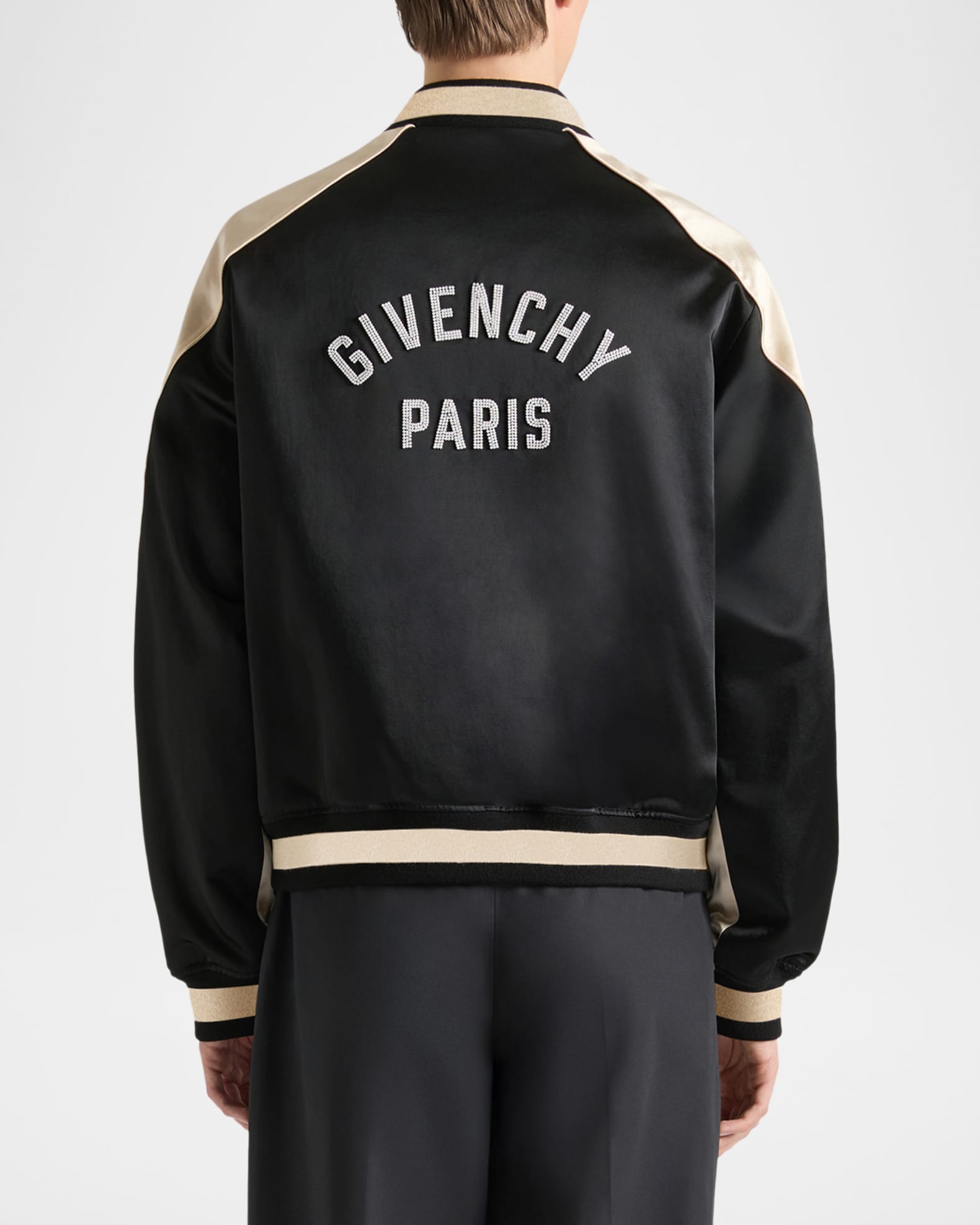 Givenchy Men's Satin Rhinestone-Logo Bomber Jacket | Neiman Marcus