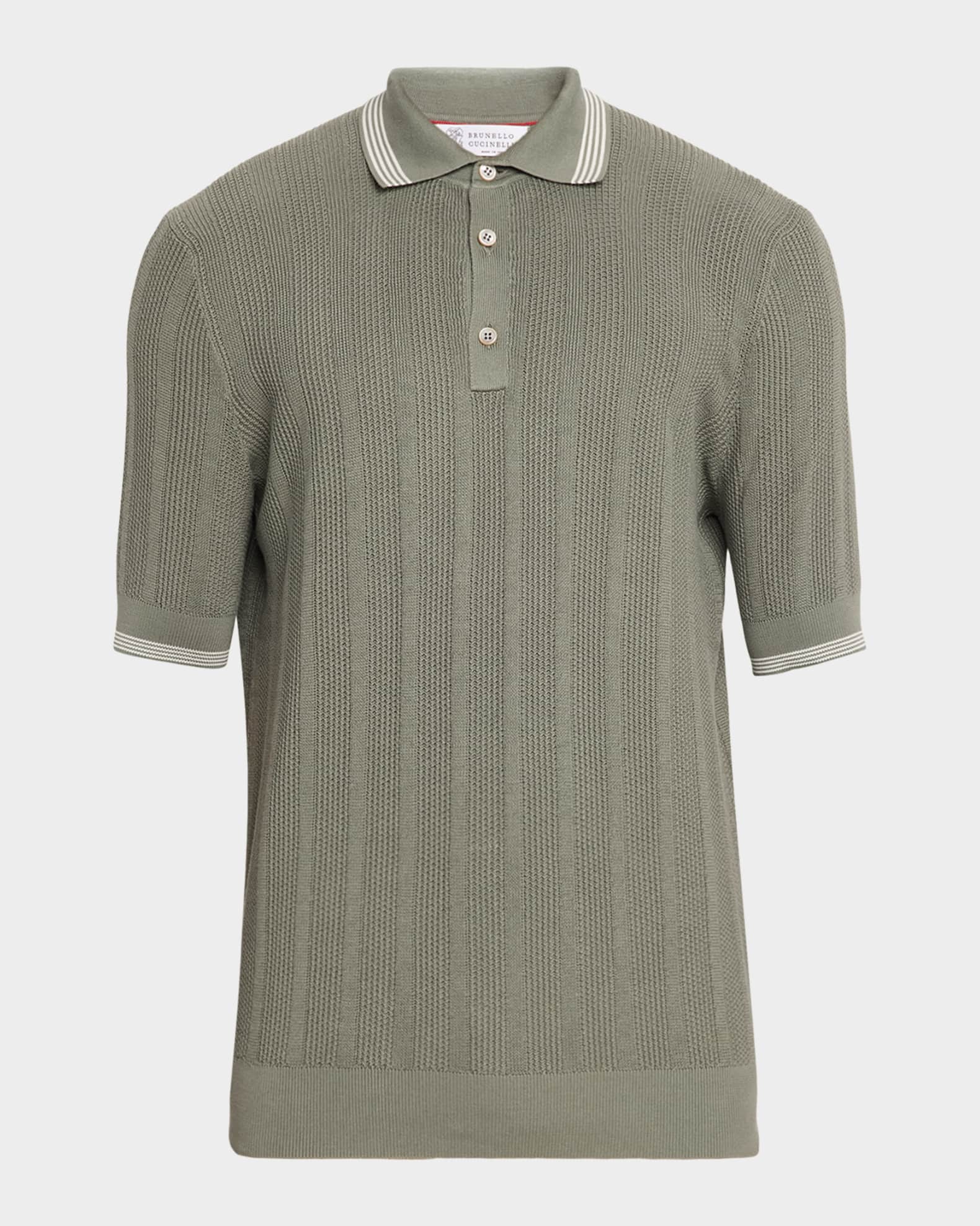 Brunello Cucinelli Men's Cotton Textured Rib Knit Polo Shirt