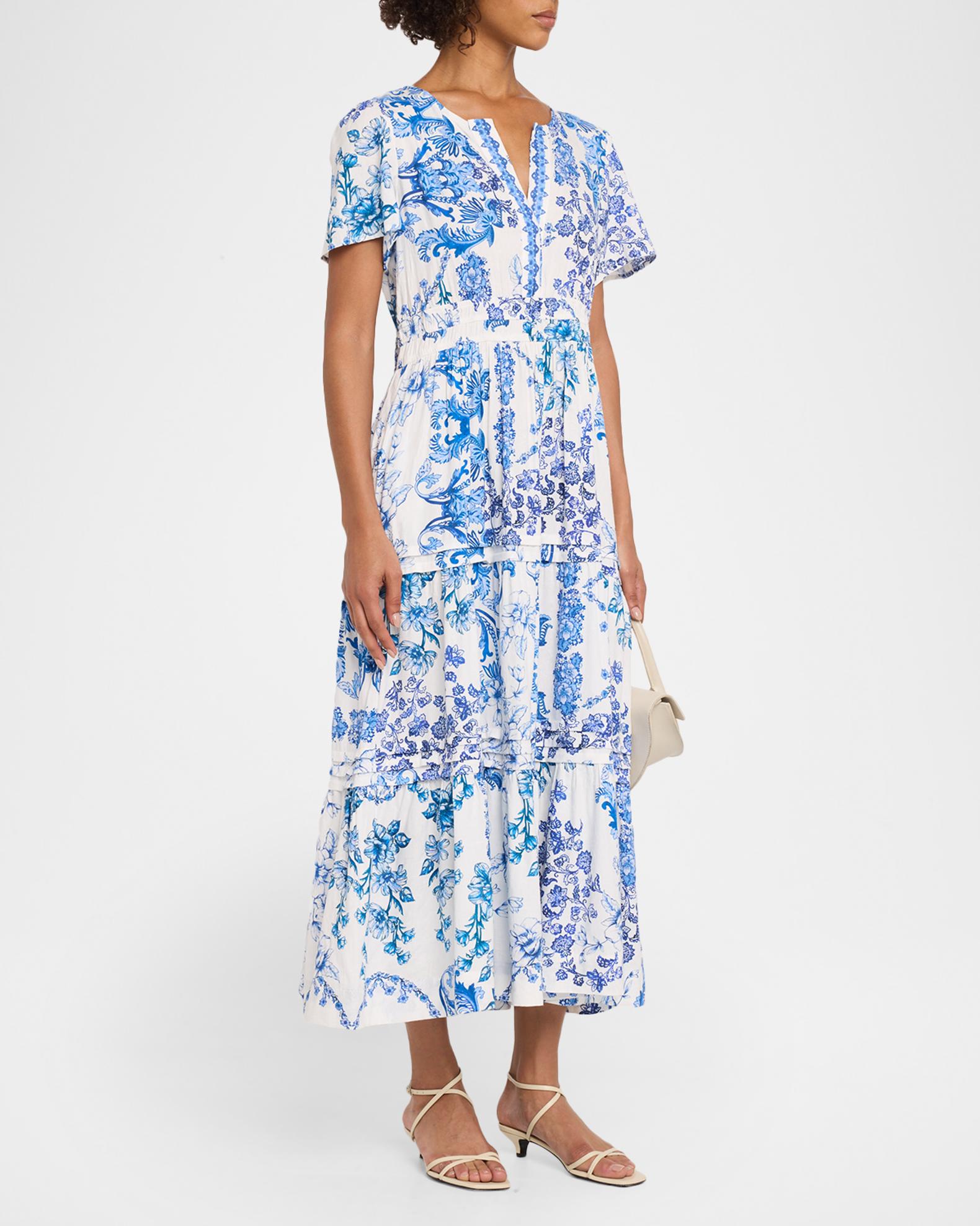Johnny Was Vallora Floral-Print Pintuck Tiered Midi Dress | Neiman 