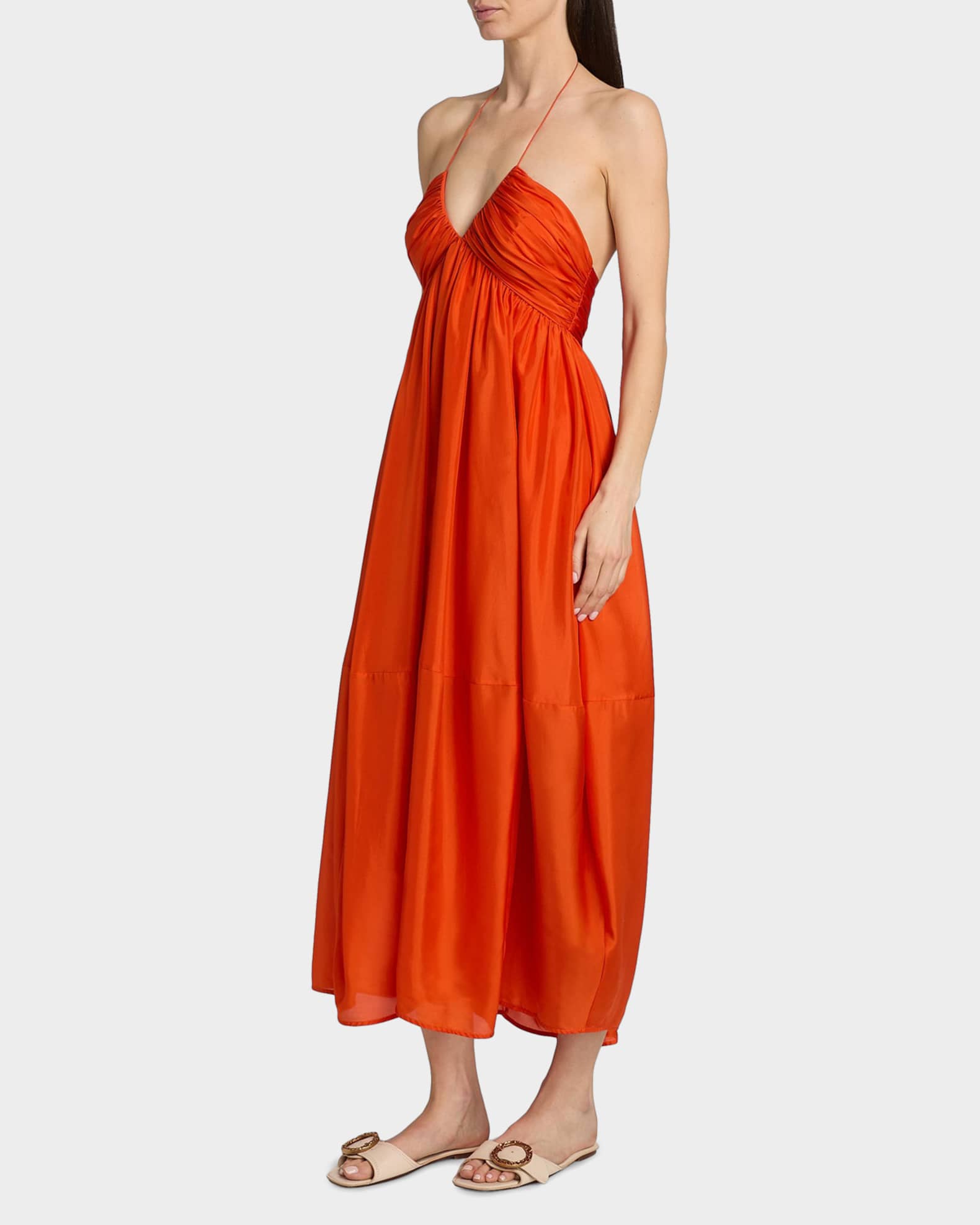 zimmermann orange dress Mahon Halter Maxi | Women's Designer Silk Plunging V-Neck Maxi Dress | Tangerine shirred back bust and adjustable shoulder straps. silk wrap midi dress -