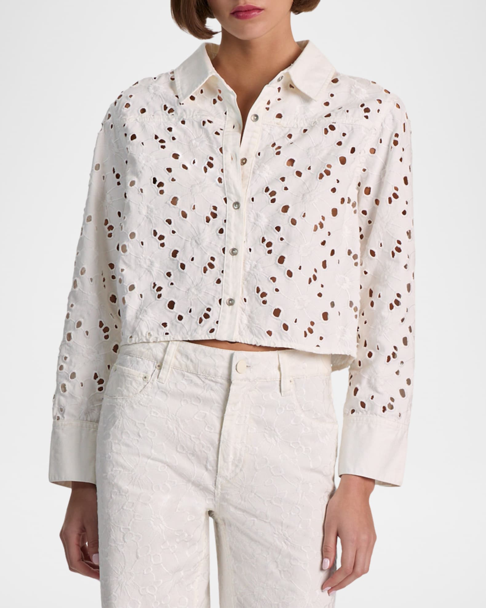 ALICE + OLIVIA Finely Laser-Cut Denim Cropped Shirt | Neiman Marcus