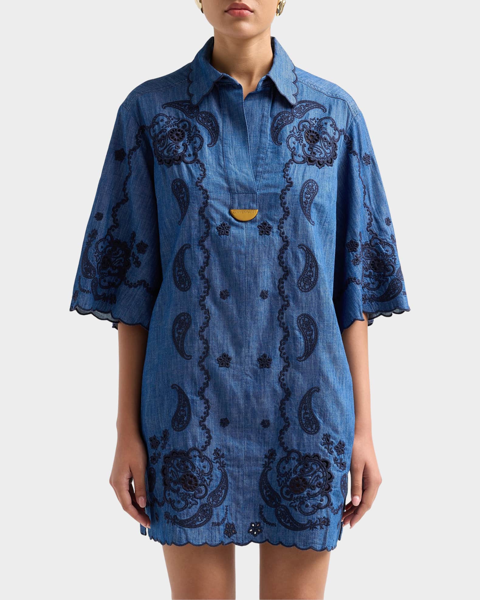 denim embroidered dress Shirtdress BT6478D Easy spring styling Sleeveless mini dress with relaxed fit Go Softly Embroidered Bees Short