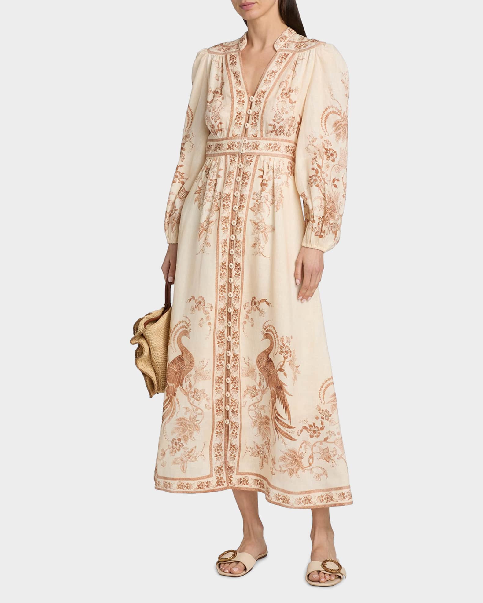 zimmermann linen dress Sky Luna Midi Crochet button detailing traces the front ZIMMERMANN Luna floral-print Linen Maxi